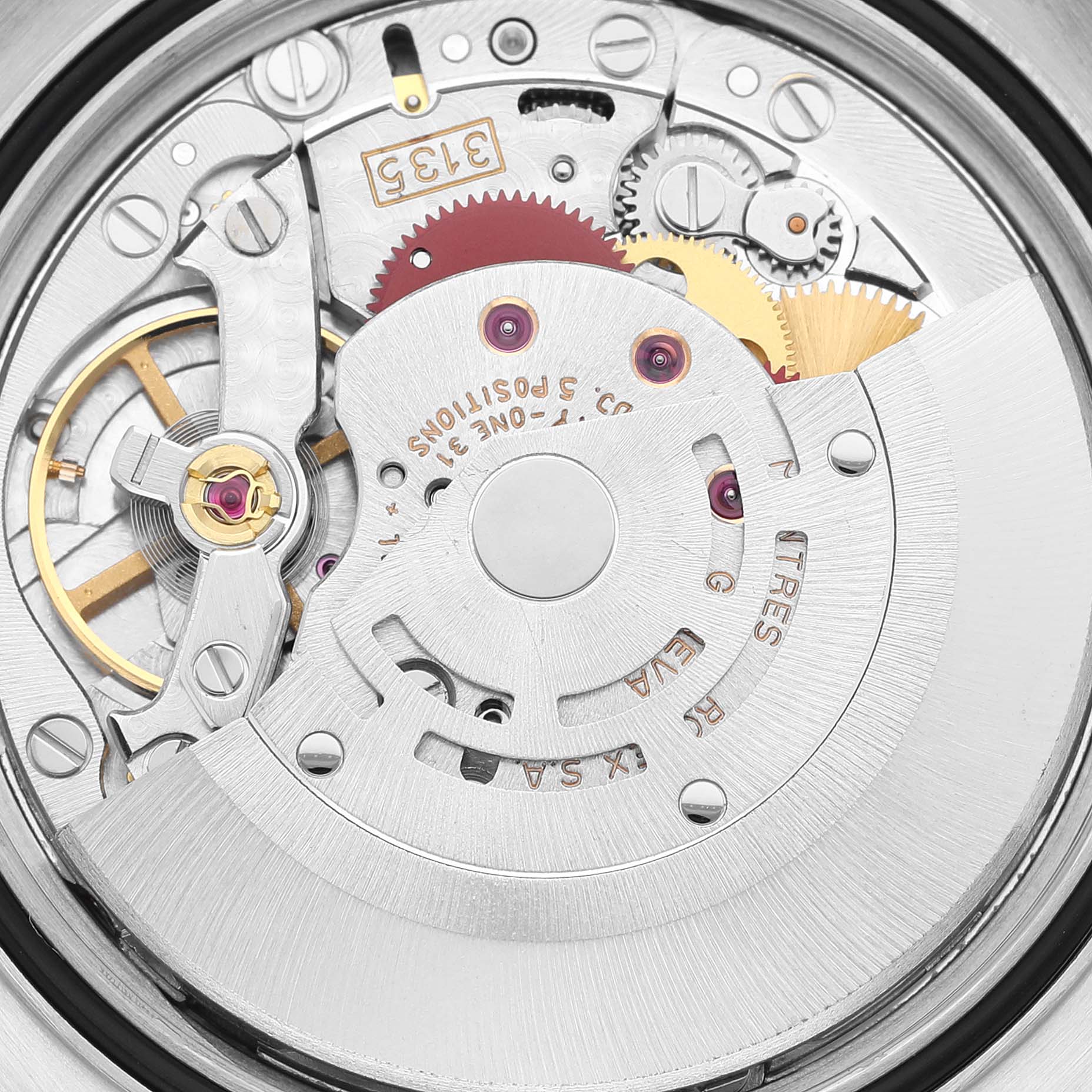 This is a close-up view of the Datejust model by Rolex, showcasing the intricate inner mechanism and movement parts.