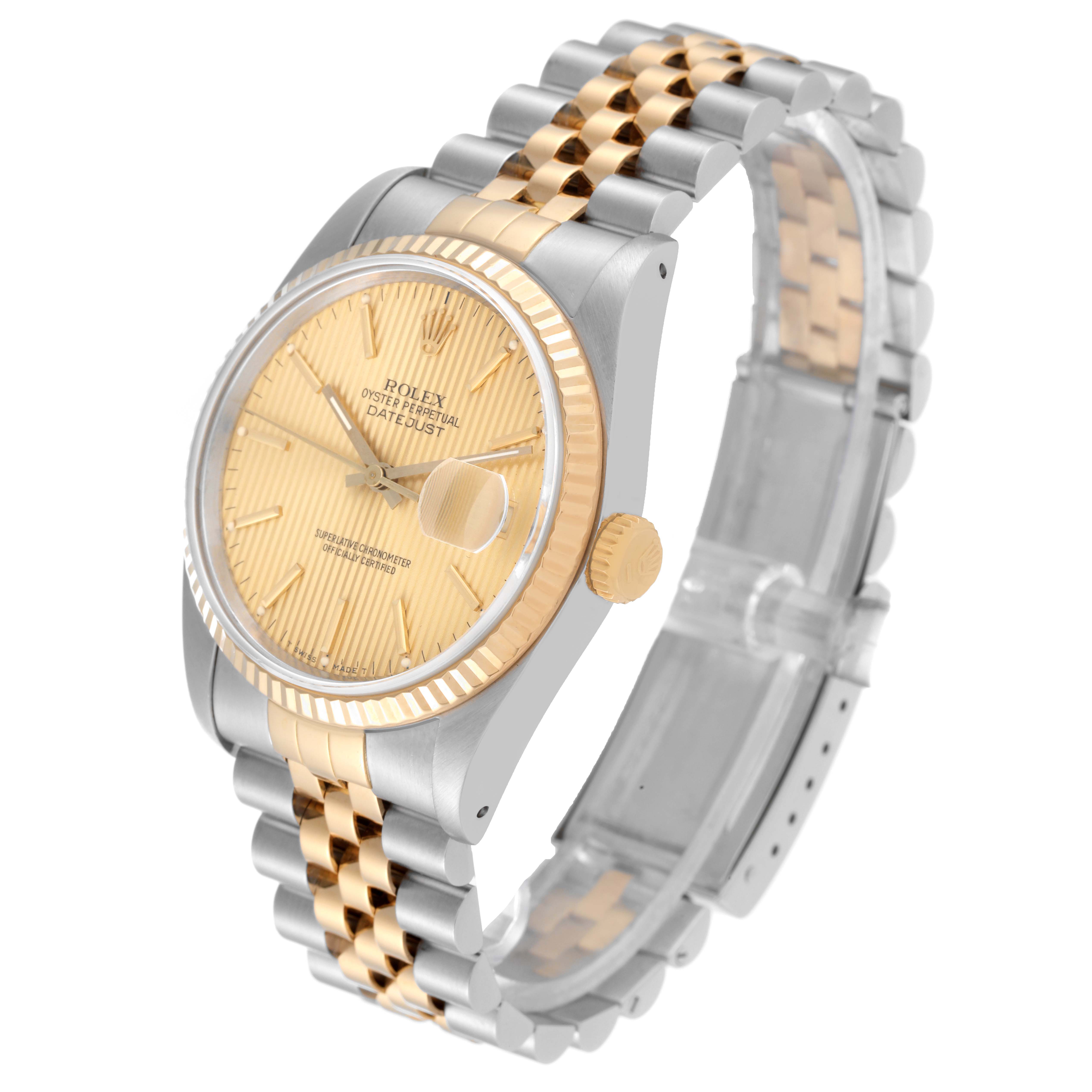 The image shows a Rolex Datejust 16233 Men's Steel and Gold (two tone) Champagne Dial 16233 Men's Steel and Gold (two tone) Champagne Dial watch at an angle highlighting the face, bezel, crown, and two-tone bracelet.