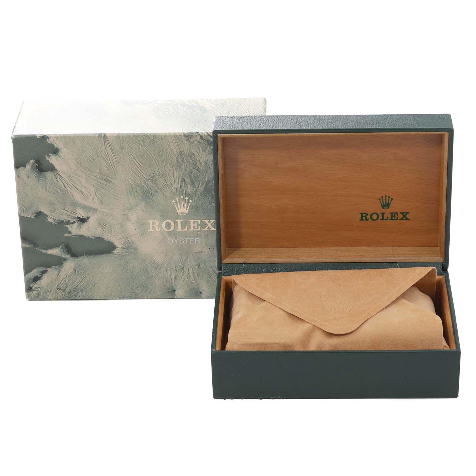 This image displays a Rolex Datejust 16233 Men's Steel and Gold (two tone) Champagne Dial 16233 Men's Steel and Gold (two tone) Champagne Dial watch box and outer packaging, with the inner wood box open and a suede pouch inside.