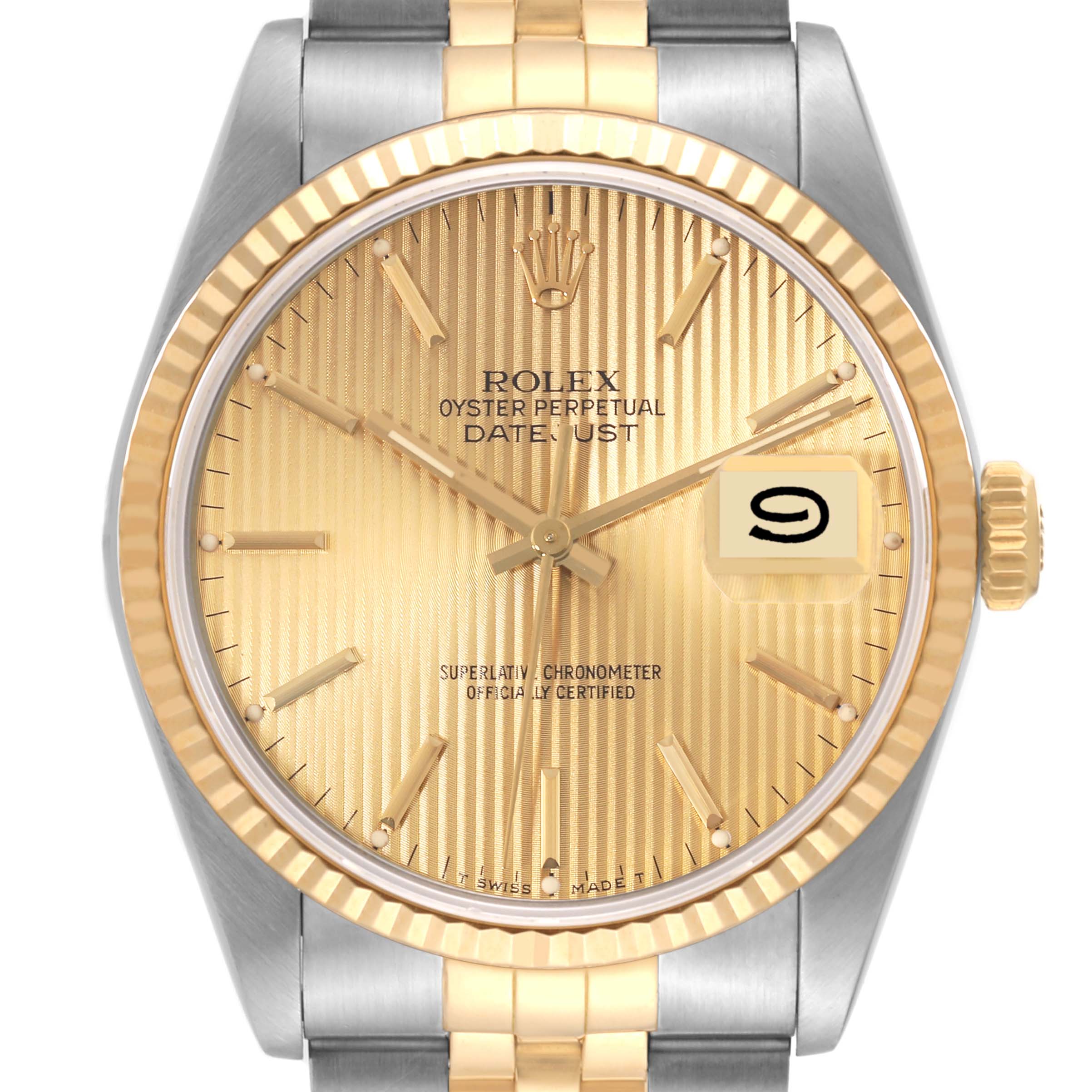 The image shows a close-up front view of a Rolex Datejust 16233 Men's Steel and Gold (two tone) Champagne Dial 16233 Men's Steel and Gold (two tone) Champagne Dial watch, highlighting the dial, hands, bezel, and part of the bracelet.