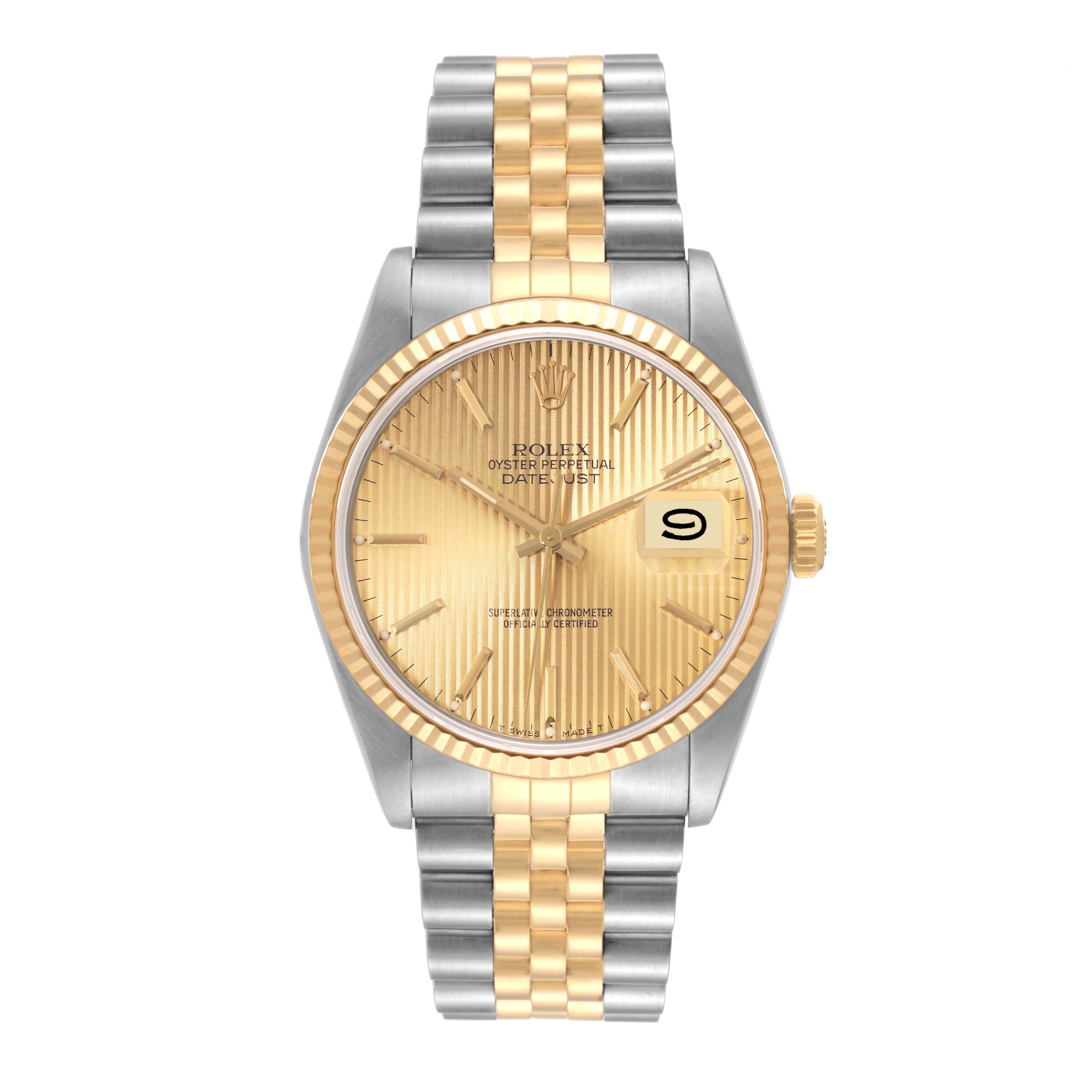 The image shows a front view of a Rolex Datejust 16233 Men's Steel and Gold (two tone) Champagne Dial 16233 Men's Steel and Gold (two tone) Champagne Dial watch, highlighting its gold dial, fluted bezel, and two-tone bracelet.