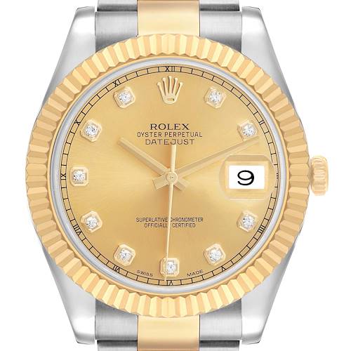 The Rolex Datejust 41 116333 Men's Steel and Gold (two tone) Champagne Dial is shown from the front, highlighting its gold dial, diamond hour markers, fluted bezel, and date display.