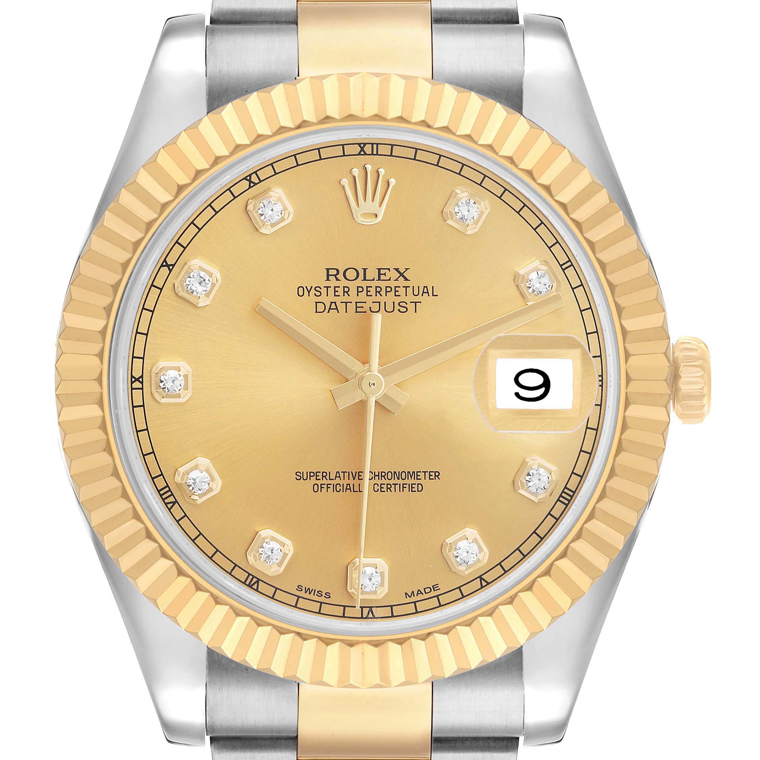 The Rolex Datejust 41 116333 Men's Steel and Gold (two tone) Champagne Dial is shown from a front angle, highlighting its gold dial, diamond hour markers, and fluted bezel.
