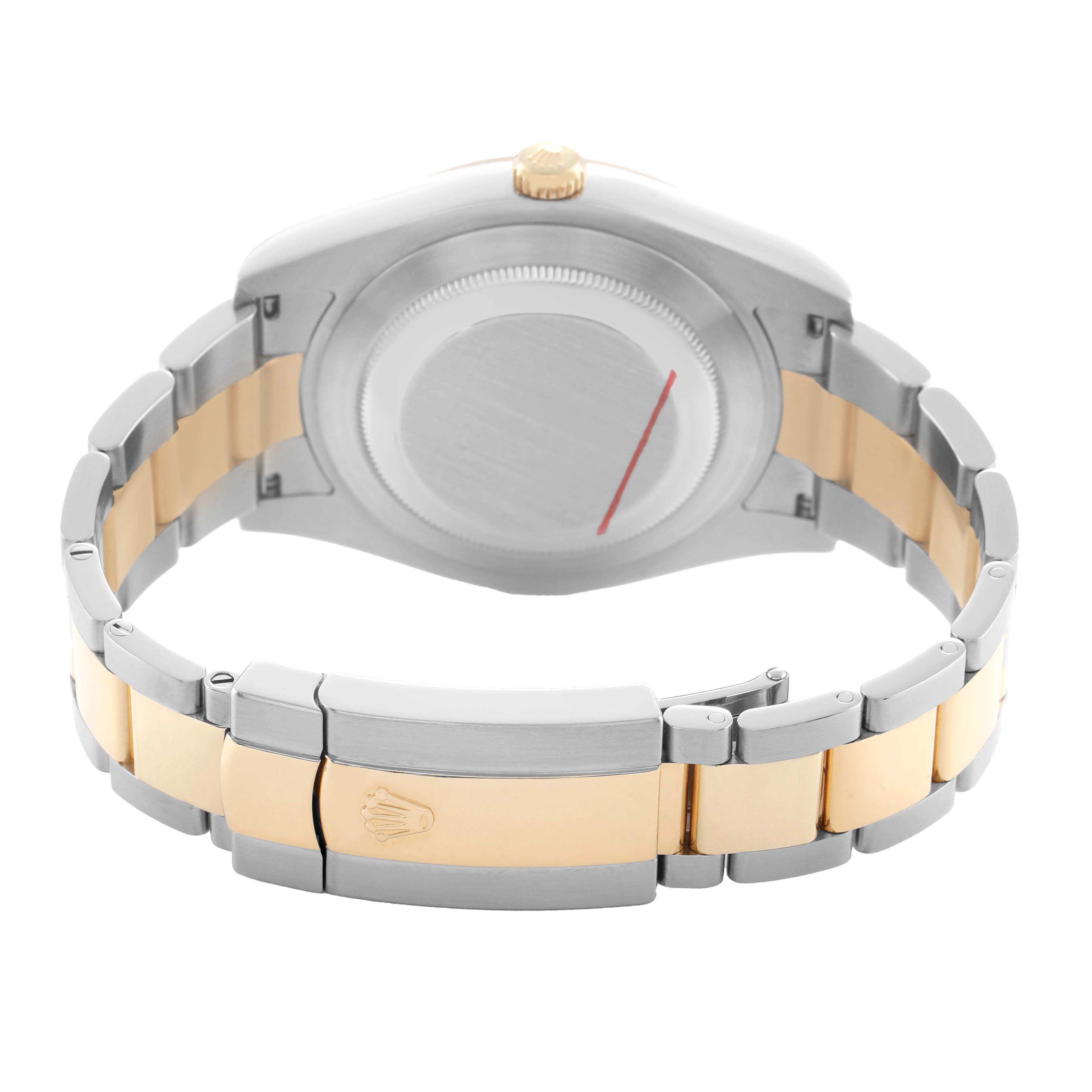 The image shows the back of the Rolex Datejust 41 116333 Men's Steel and Gold (two tone) Champagne Dial, highlighting the case back, bracelet, and clasp from a rear angle.