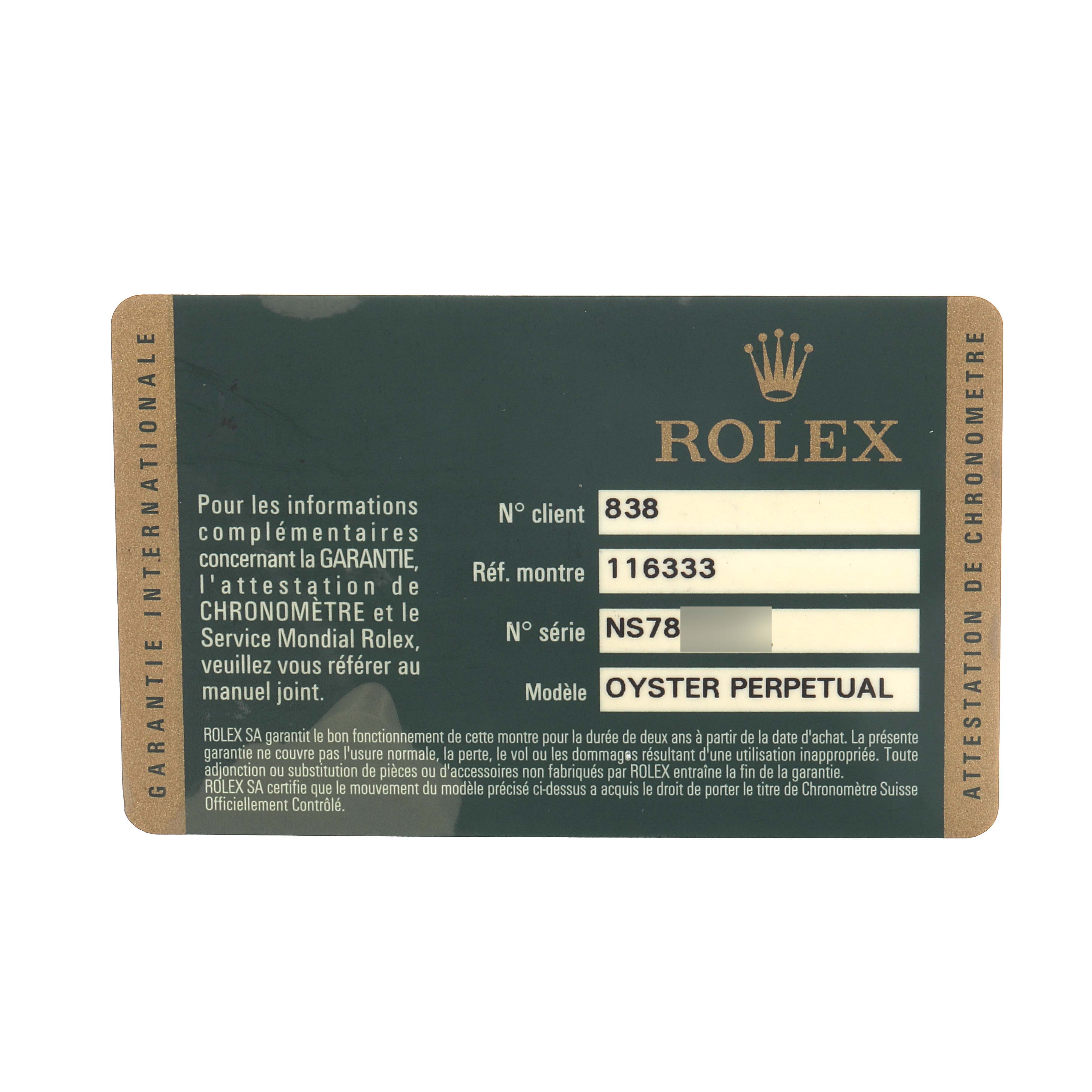 This image shows a warranty card for a Rolex Oyster Perpetual, likely related to the Datejust 41 model.