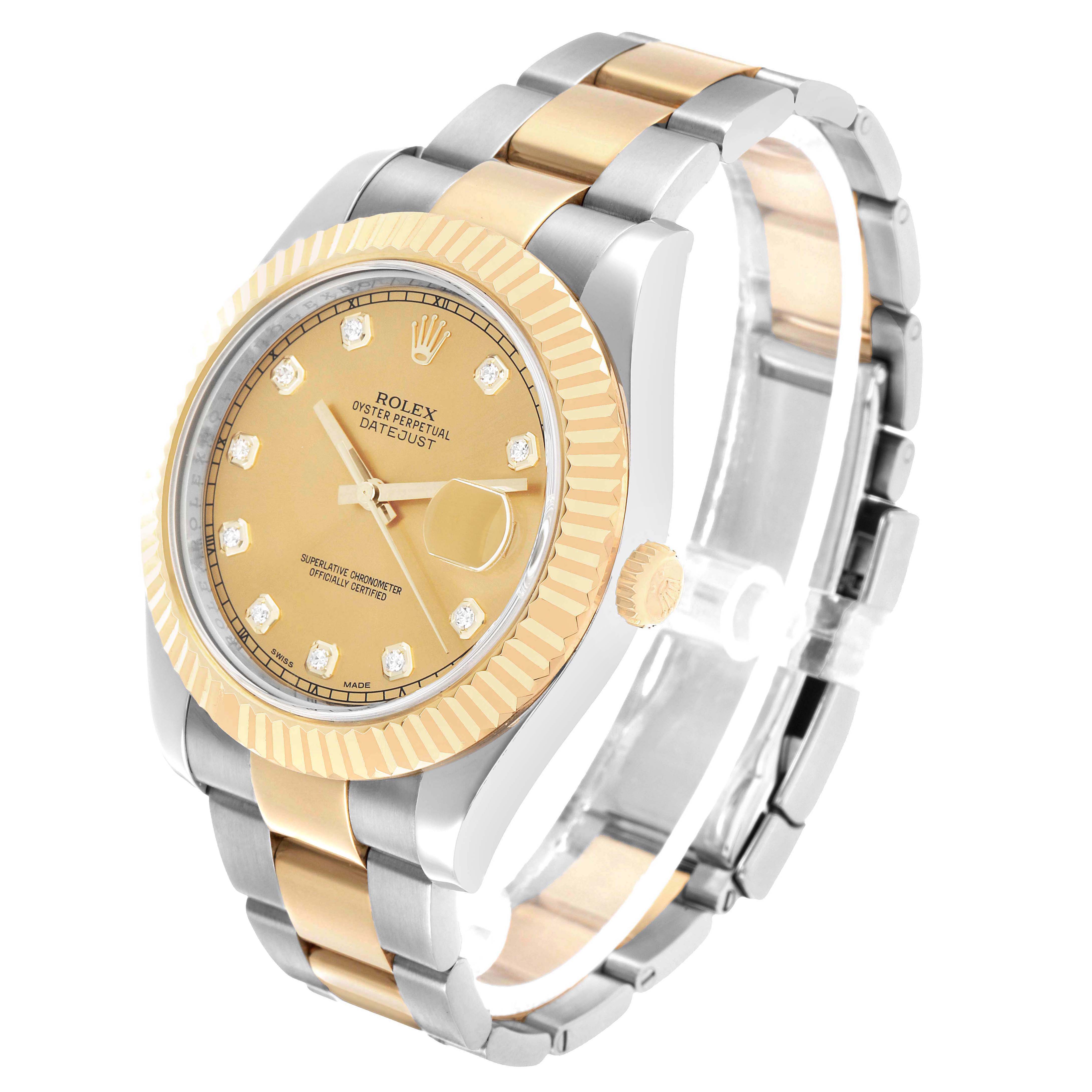 The Rolex Datejust 41 116333 Men's Steel and Gold (two tone) Champagne Dial watch is shown at a three-quarter front angle, highlighting the dial, bezel, and bracelet.