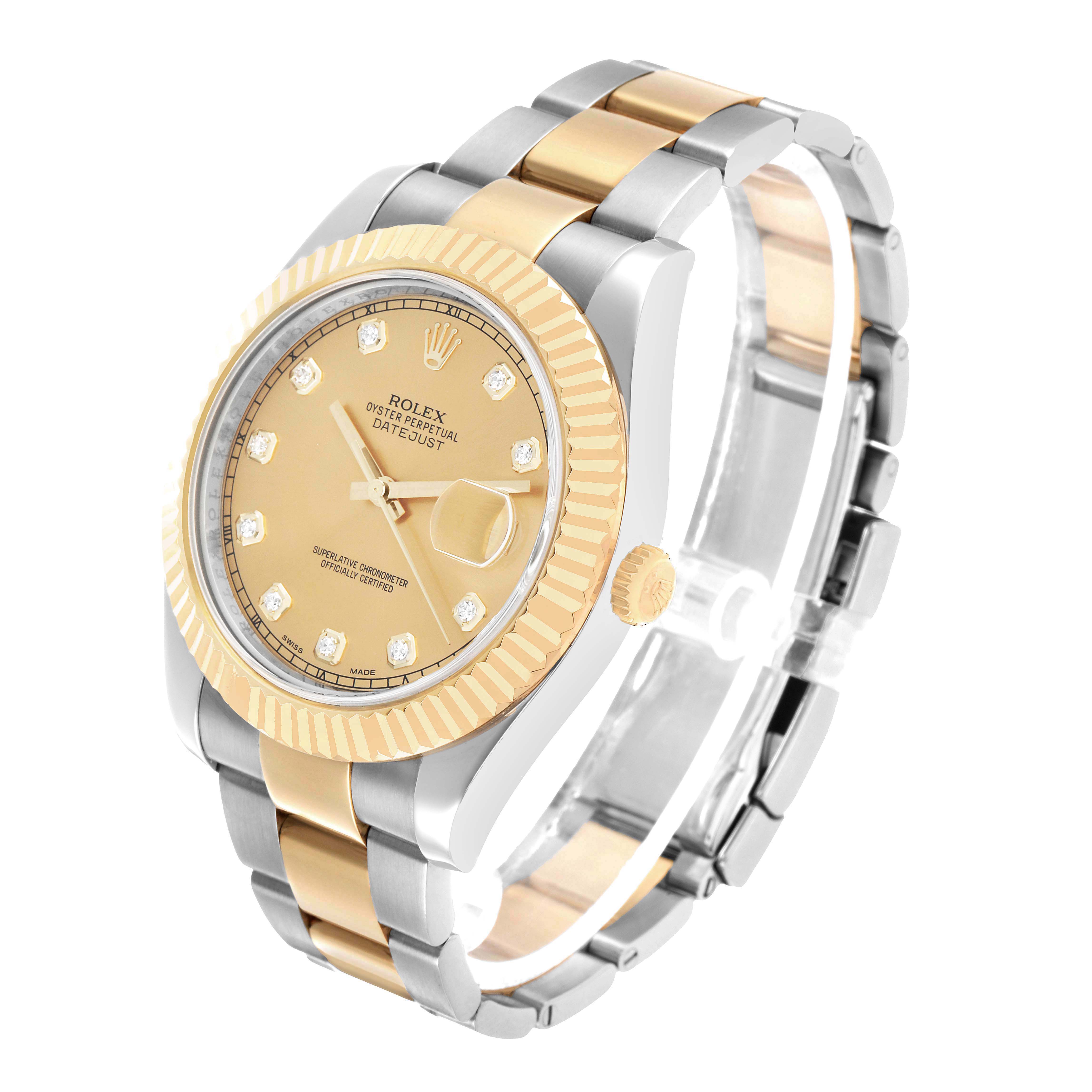 The Rolex Datejust 41 116333 Men's Steel and Gold (two tone) Champagne Dial is shown at an angle highlighting the dial, bezel, crown, and bracelet links.