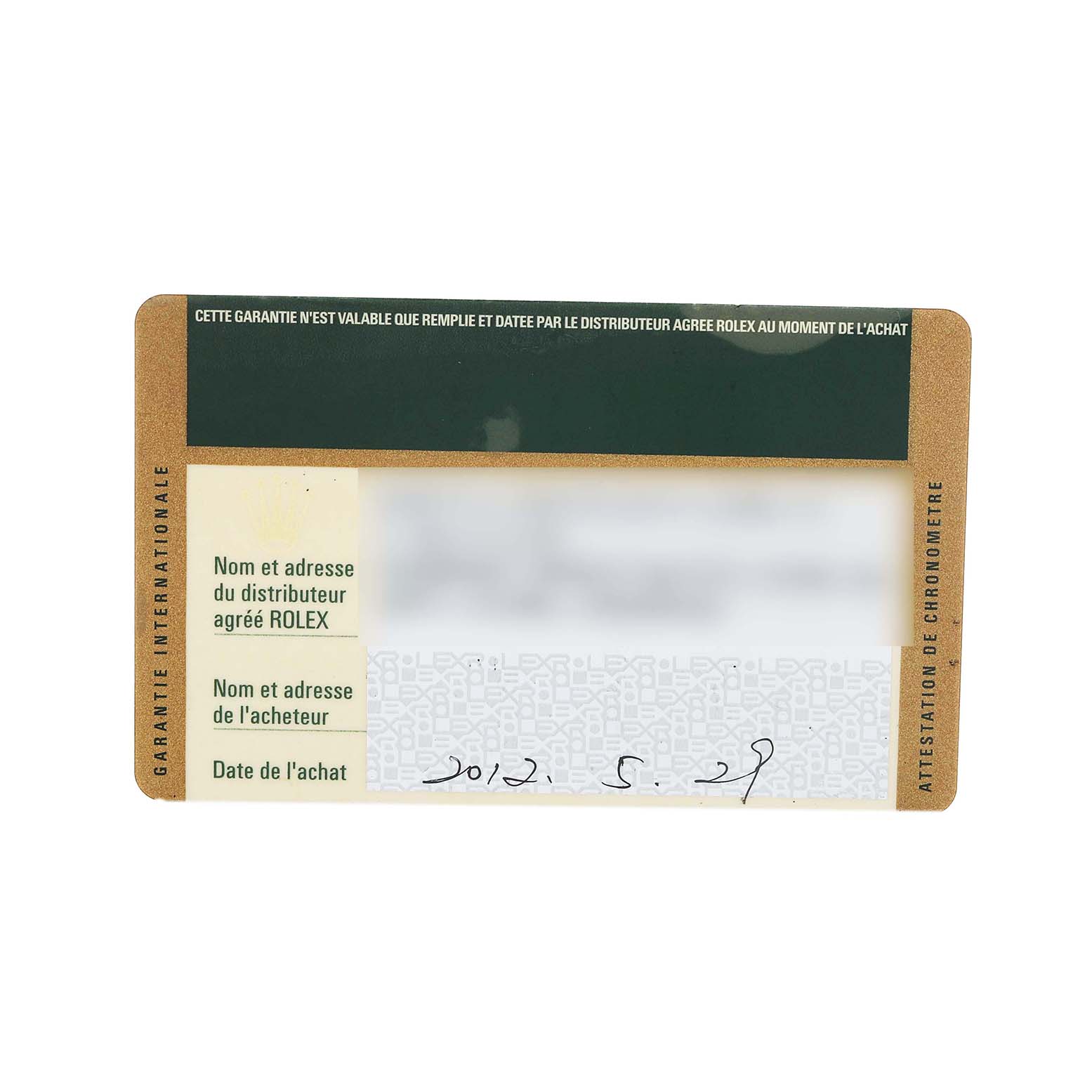 The image shows a warranty card for a Rolex Datejust 41 116333 Men's Steel and Gold (two tone) Champagne Dial, displaying the card's front with model information and purchase details.