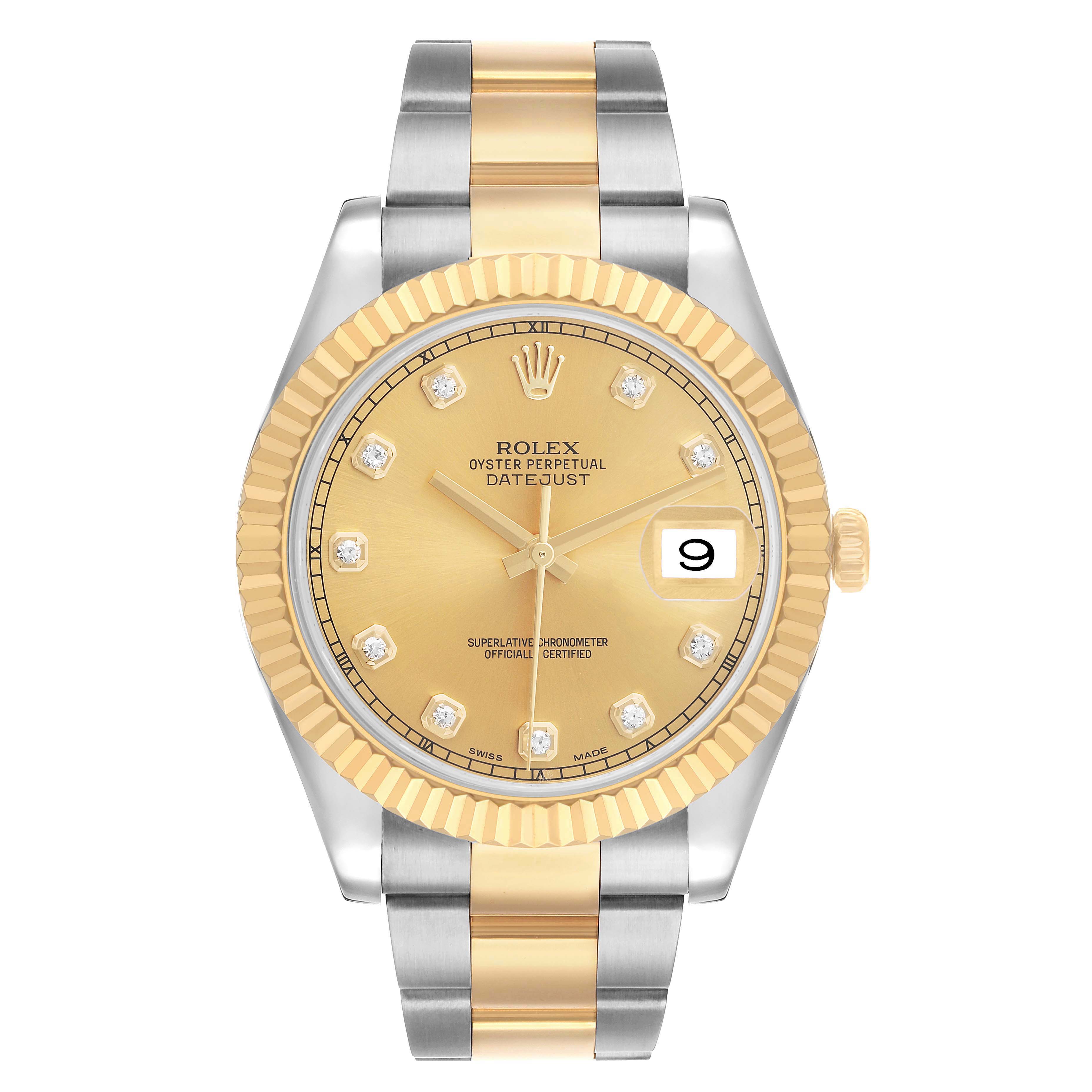 The Rolex Datejust 41 116333 Men's Steel and Gold (two tone) Champagne Dial watch is shown from the front, highlighting the dial, bezel, and bracelet.