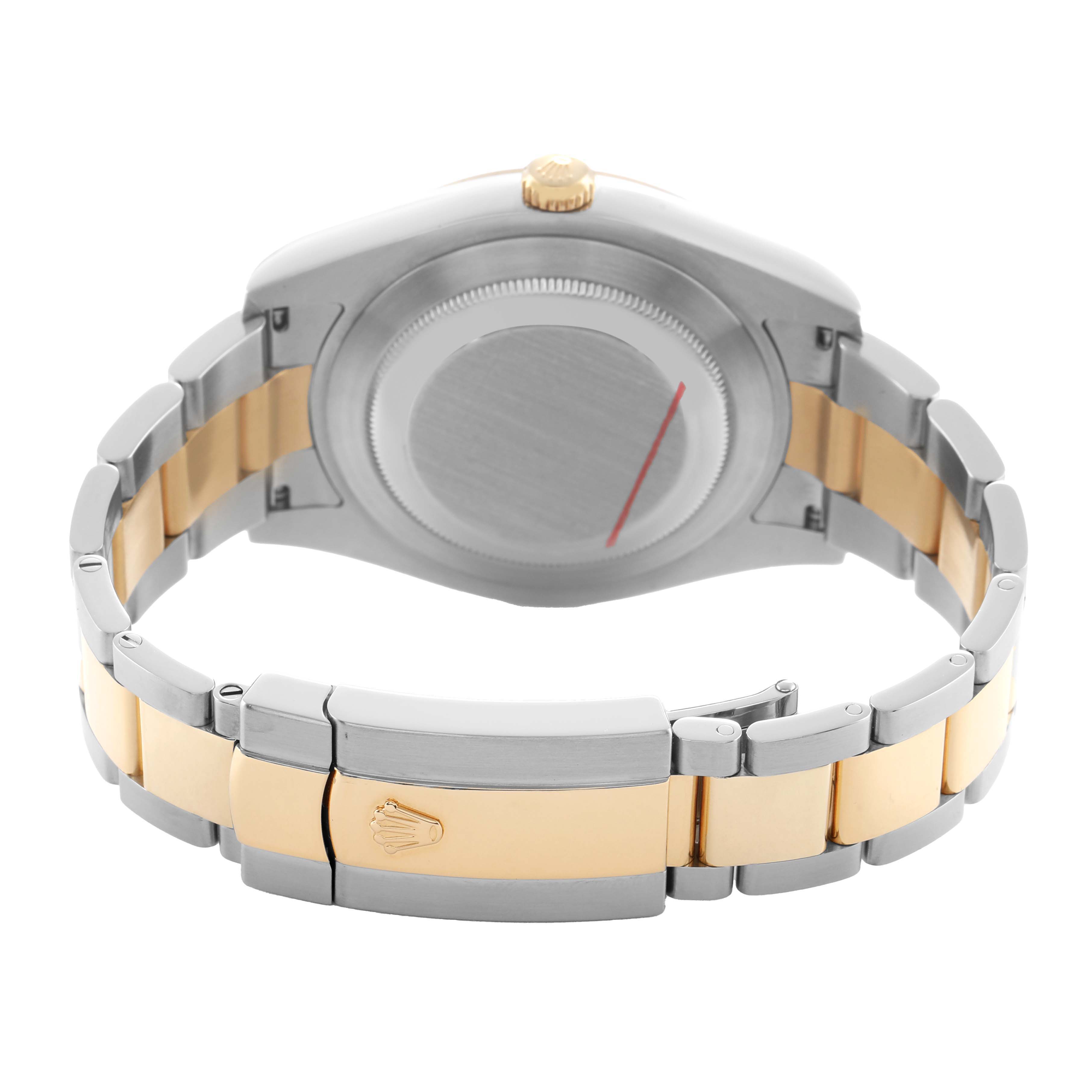 The image shows the back and clasp of a Rolex Datejust 41 116333 Men's Steel and Gold (two tone) Champagne Dial, highlighting the bi-metal bracelet and the closed case back.