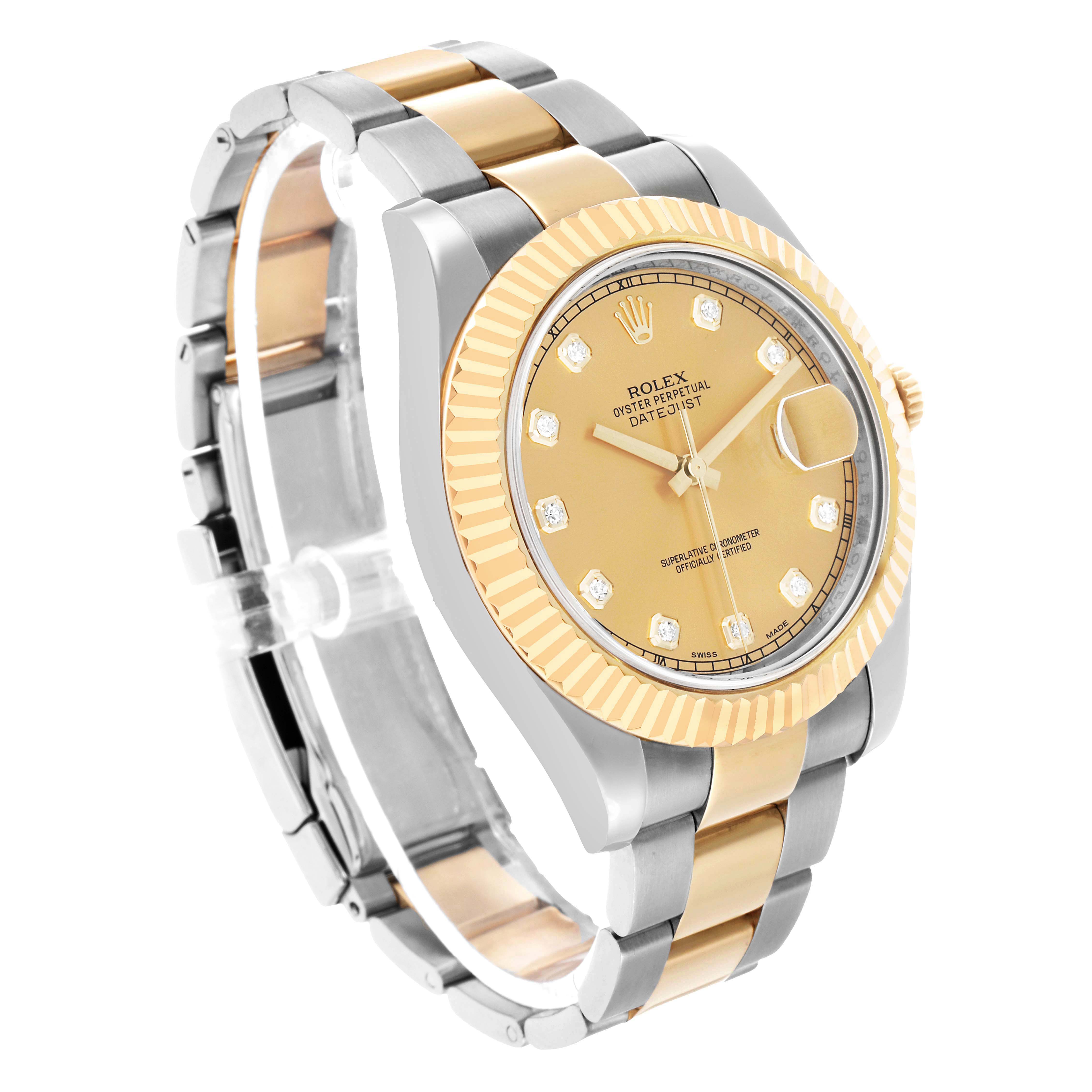 The Rolex Datejust 41 116333 Men's Steel and Gold (two tone) Champagne Dial watch is shown at a three-quarter angle highlighting the gold dial, fluted bezel, and two-tone bracelet.