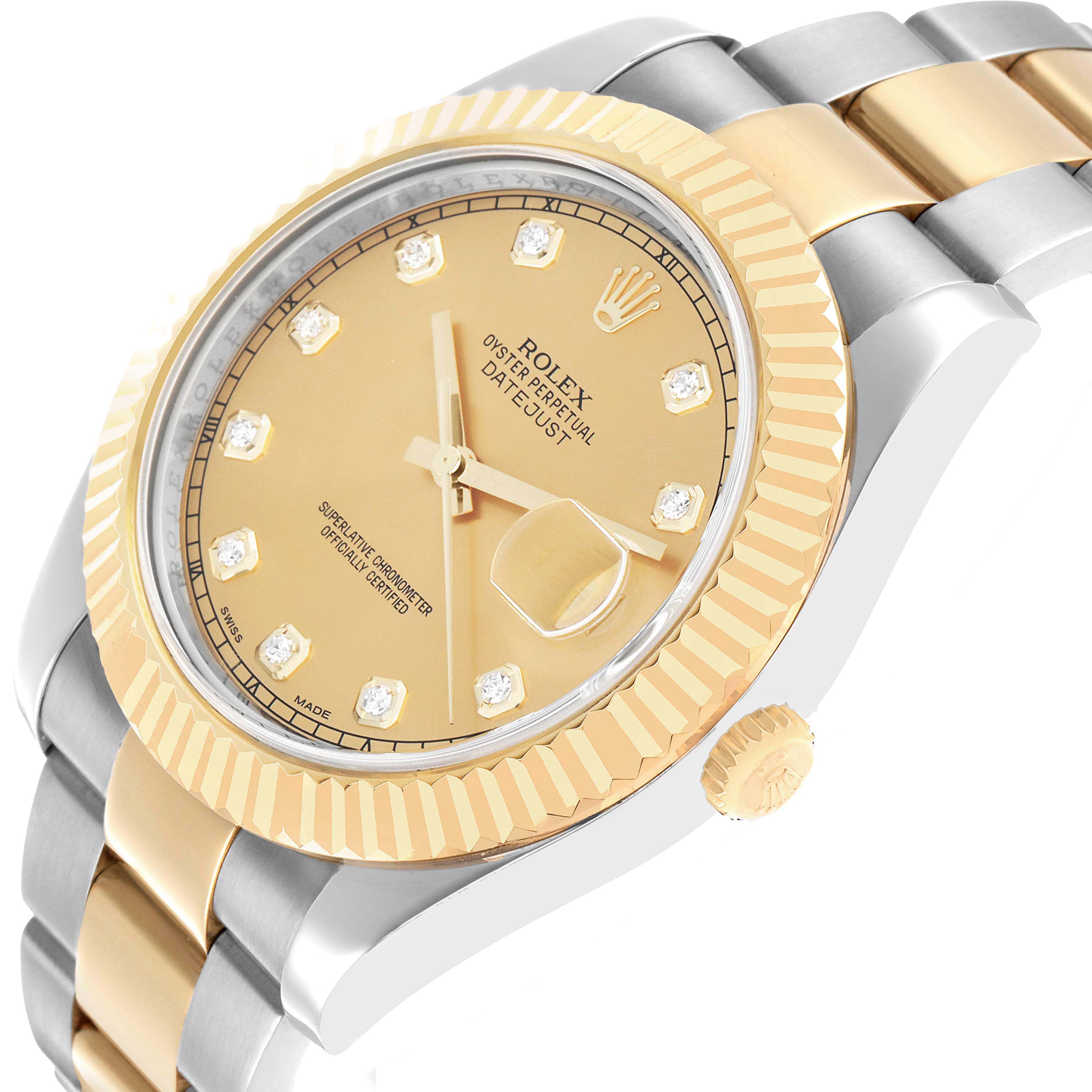 The image shows a Rolex Datejust 41 116333 Men's Steel and Gold (two tone) Champagne Dial watch at an angled view, highlighting the gold fluted bezel, champagne dial, and two-tone bracelet.