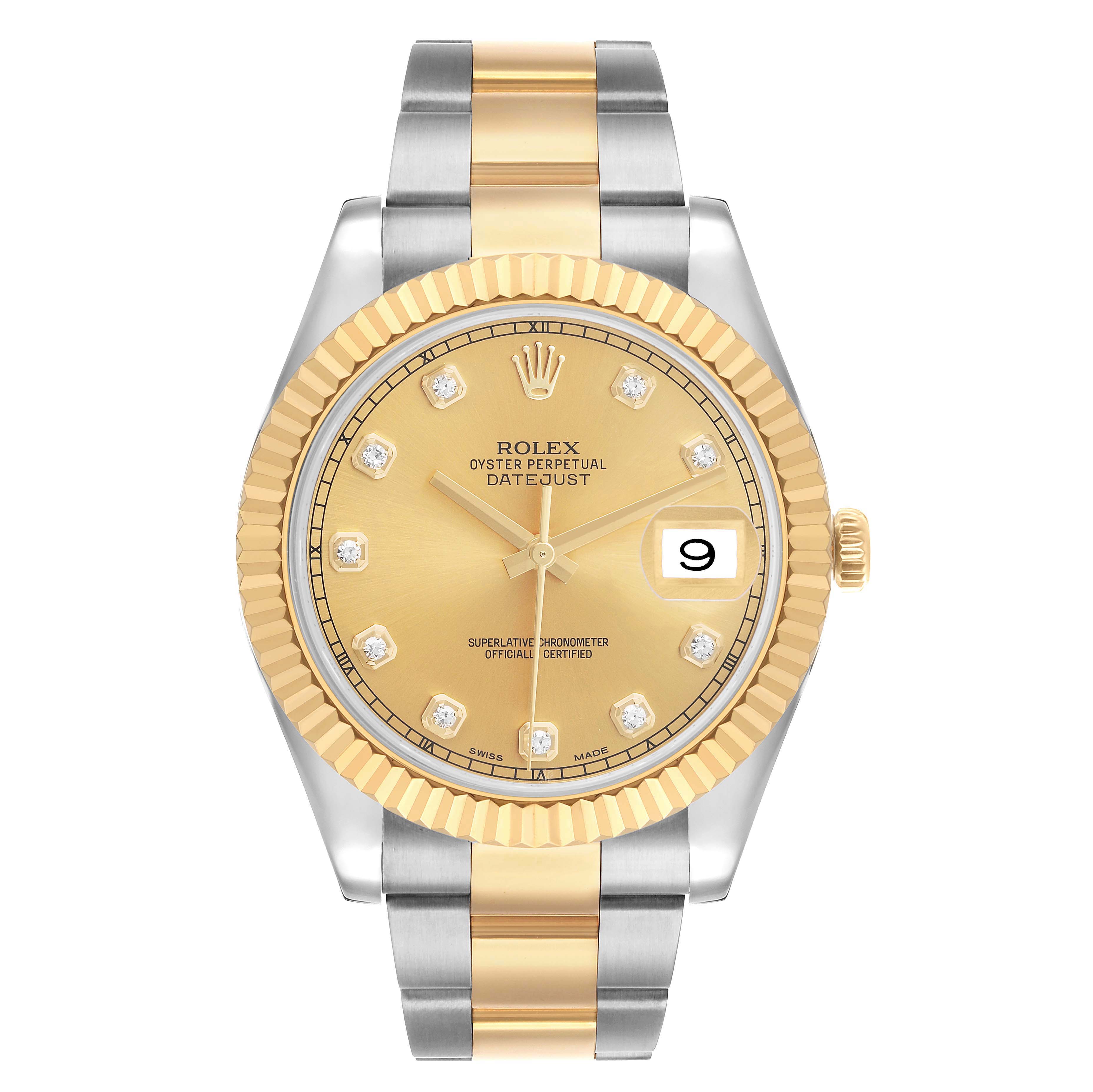 The Rolex Datejust 41 116333 Men's Steel and Gold (two tone) Champagne Dial watch is shown from the front, displaying the face, bezel, and bracelet.