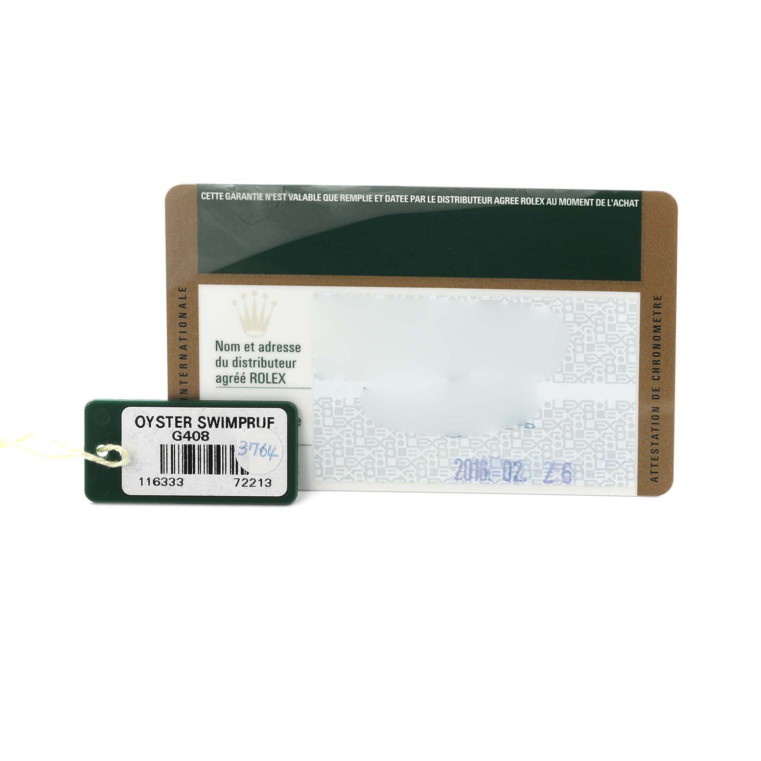 The image shows the warranty card and Oyster Swimpruf tag for the Rolex Datejust 41 116333 Men's Steel and Gold (two tone) Grey Dial 116333 Men's Steel and Gold (two tone) Grey Dial model.