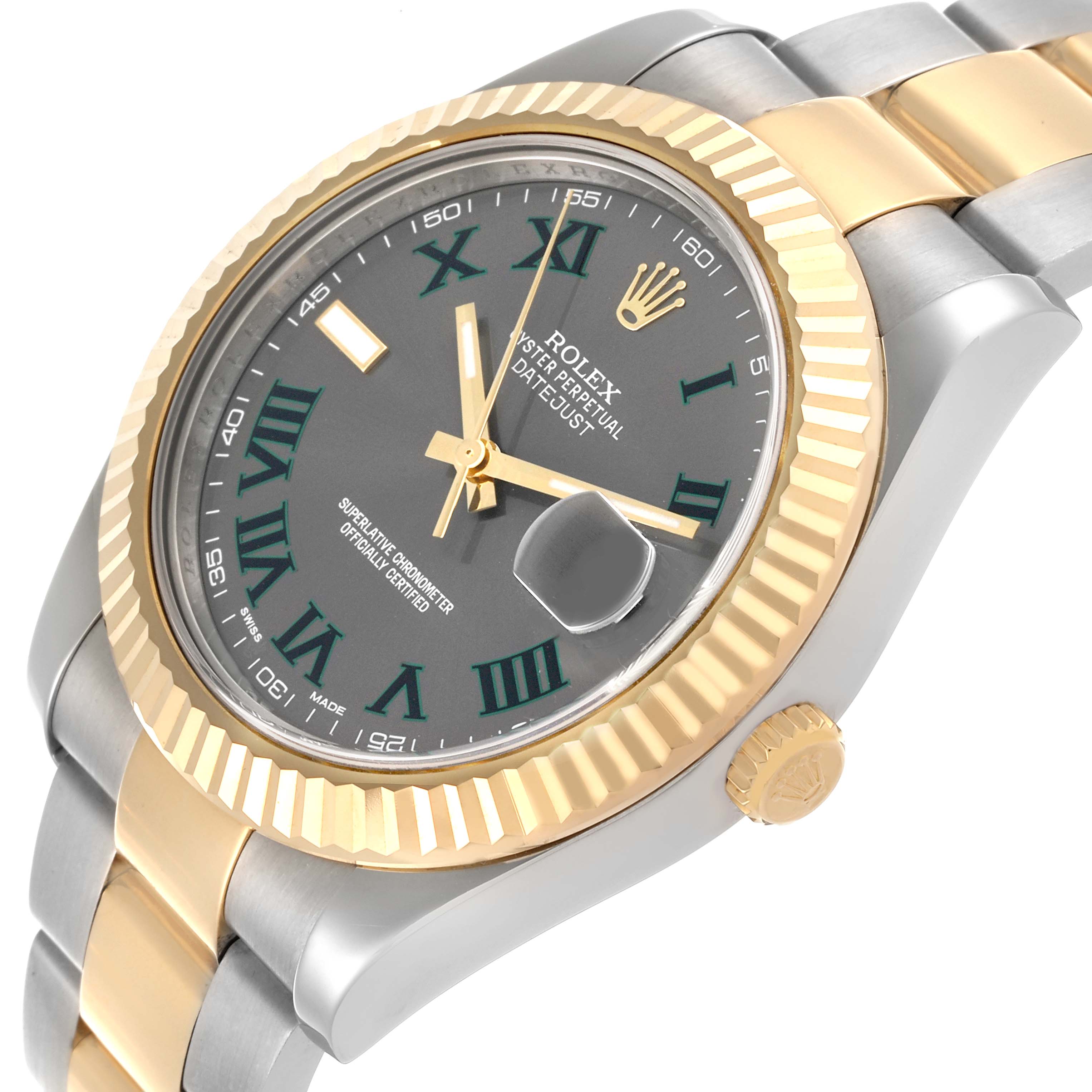 The Rolex Datejust 41 116333 Men's Steel and Gold (two tone) Grey Dial 116333 Men's Steel and Gold (two tone) Grey Dial is shown at an angled side view, highlighting the bezel, dial, and part of the bracelet.
