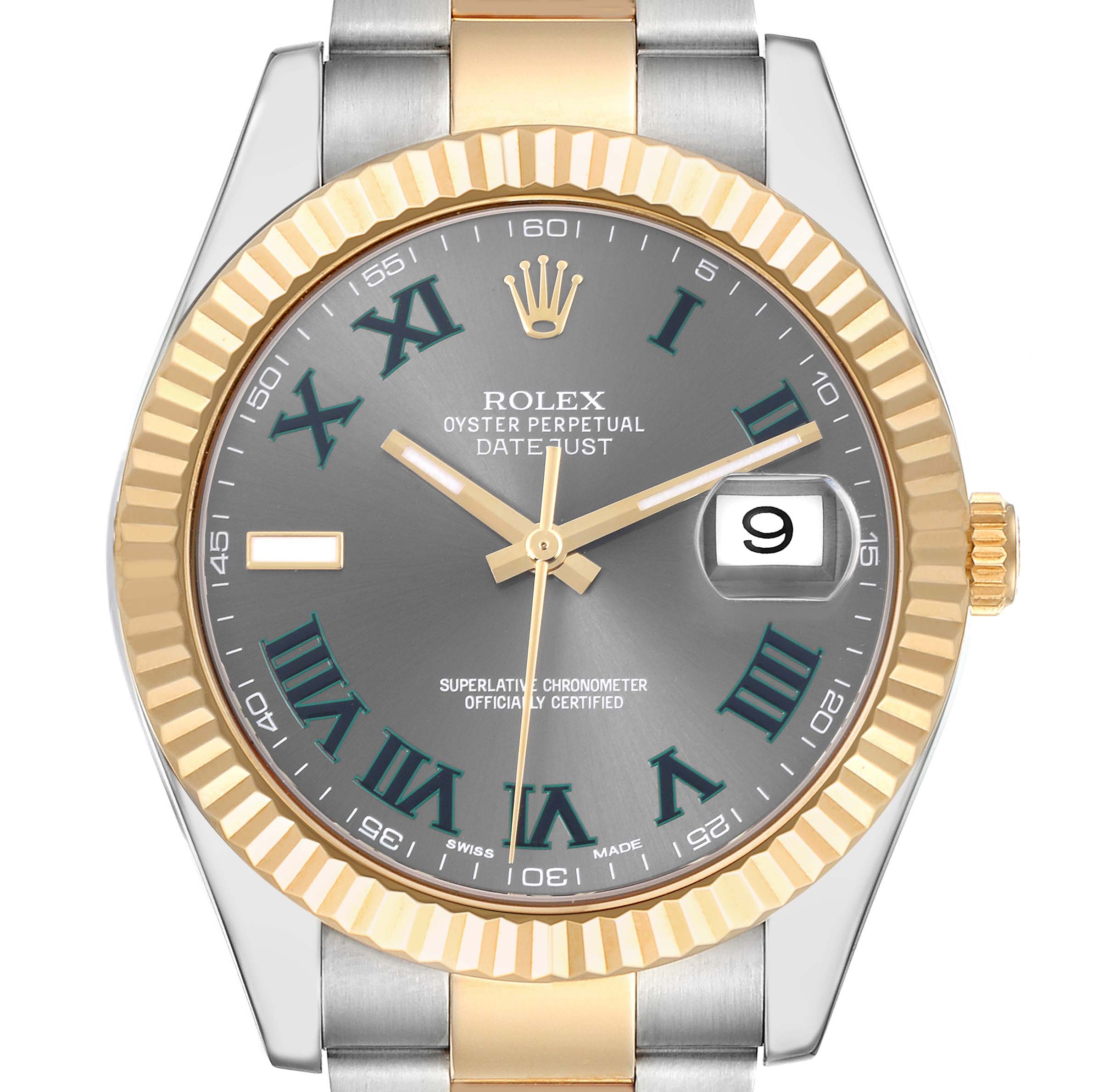 The image shows a front view of the Rolex Datejust 41 116333 Men's Steel and Gold (two tone) Grey Dial 116333 Men's Steel and Gold (two tone) Grey Dial watch, highlighting the bezel, dial, hands, and date feature.
