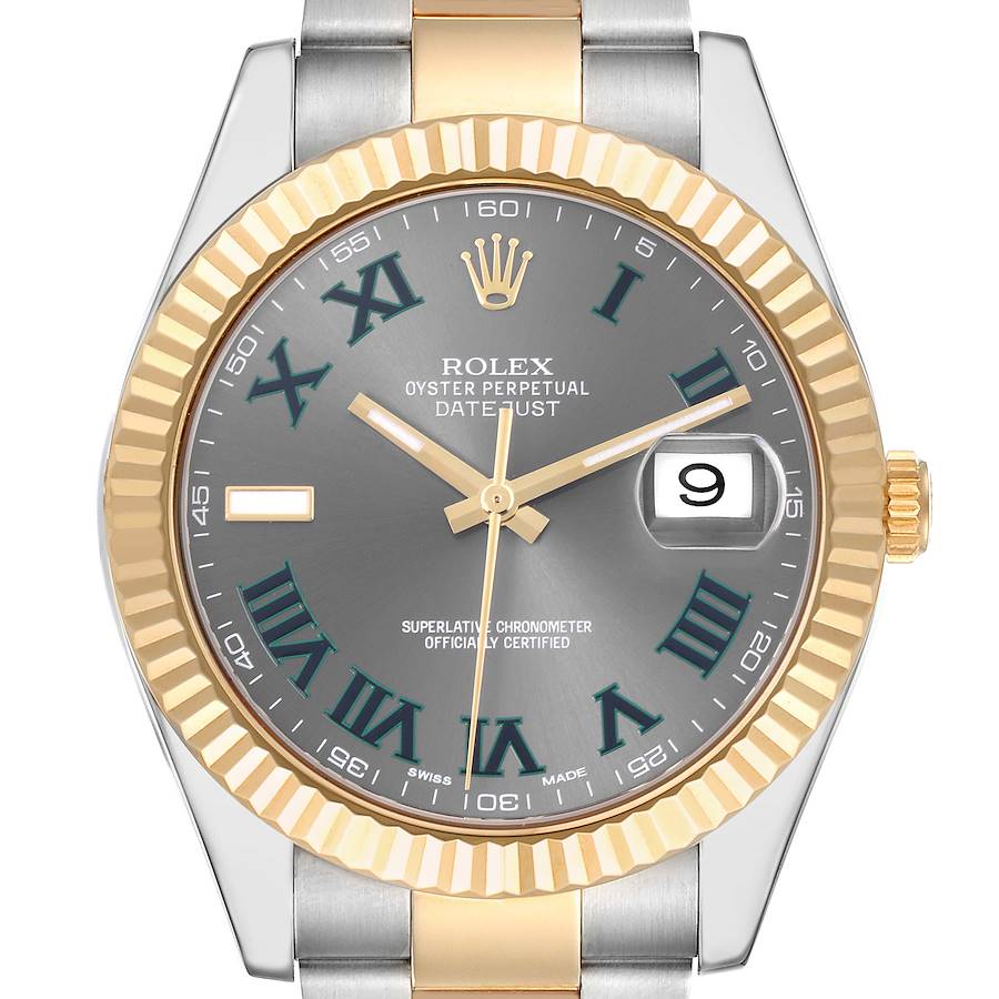 The image shows a front view of the Rolex Datejust 41 watch, highlighting the bezel, dial, hands, and date feature.