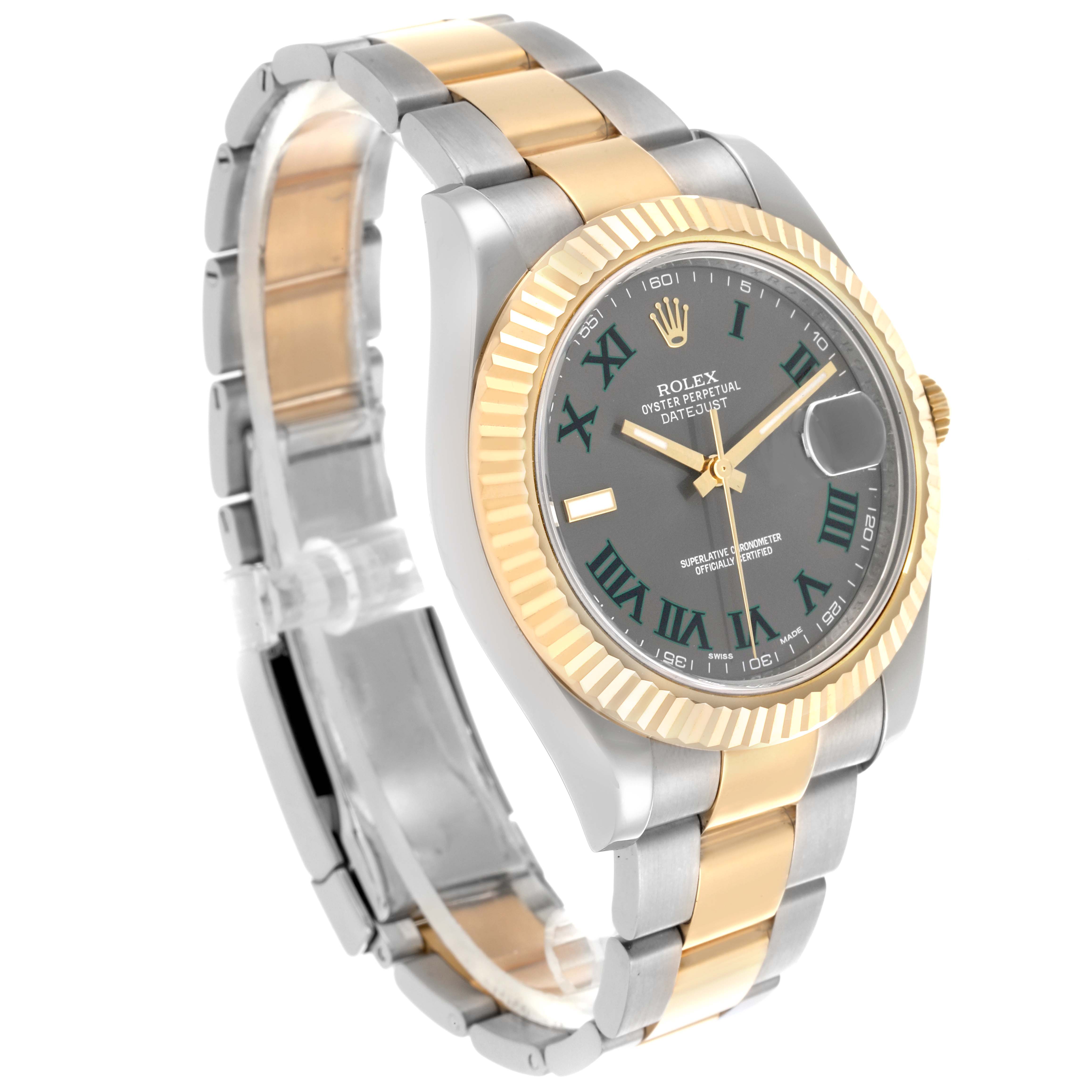 The Rolex Datejust 41 116333 Men's Steel and Gold (two tone) Grey Dial 116333 Men's Steel and Gold (two tone) Grey Dial is shown at an oblique angle, displaying the face, bezel, and bracelet.