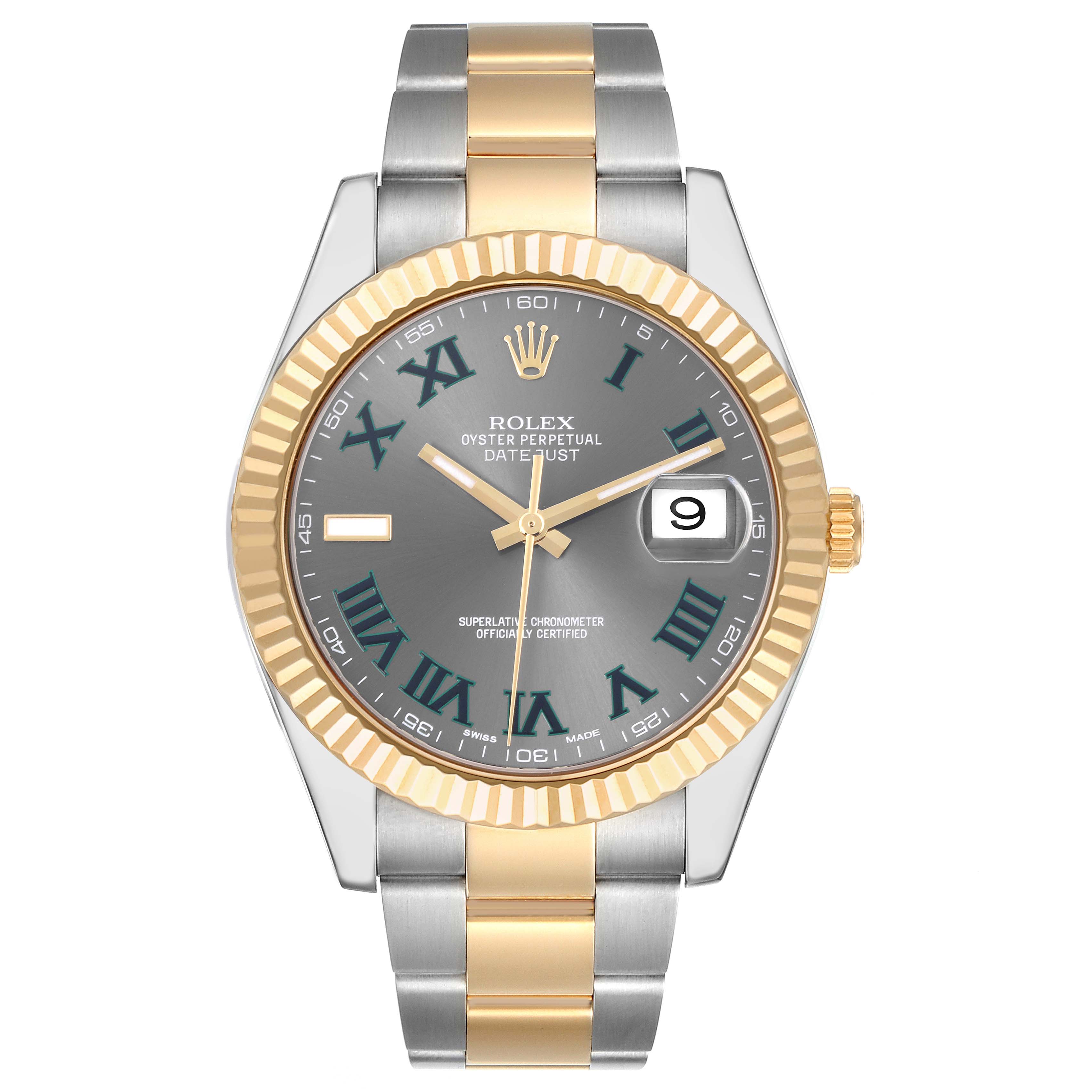 The Rolex Datejust 41 116333 Men's Steel and Gold (two tone) Grey Dial 116333 Men's Steel and Gold (two tone) Grey Dial is shown from the front, highlighting the dial, fluted bezel, and two-tone bracelet.
