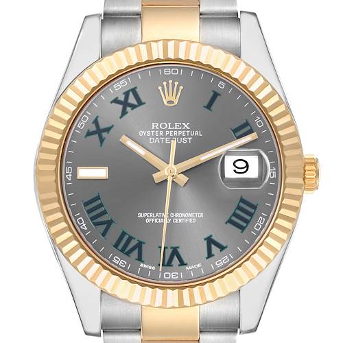 The Rolex Datejust 41 is shown from the front, highlighting the dial, hands, fluted bezel, and part of the two-tone bracelet.