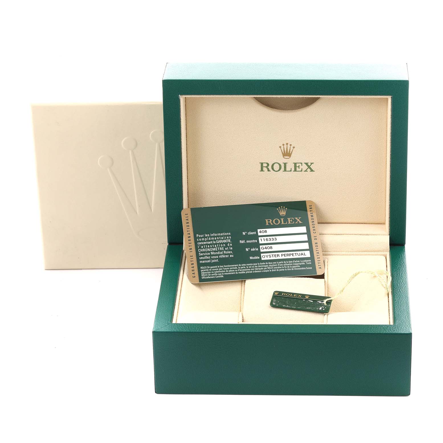 The image shows a Rolex Datejust 41 116333 Men's Steel and Gold (two tone) Grey Dial 116333 Men's Steel and Gold (two tone) Grey Dial box with an authenticity card and a tag.