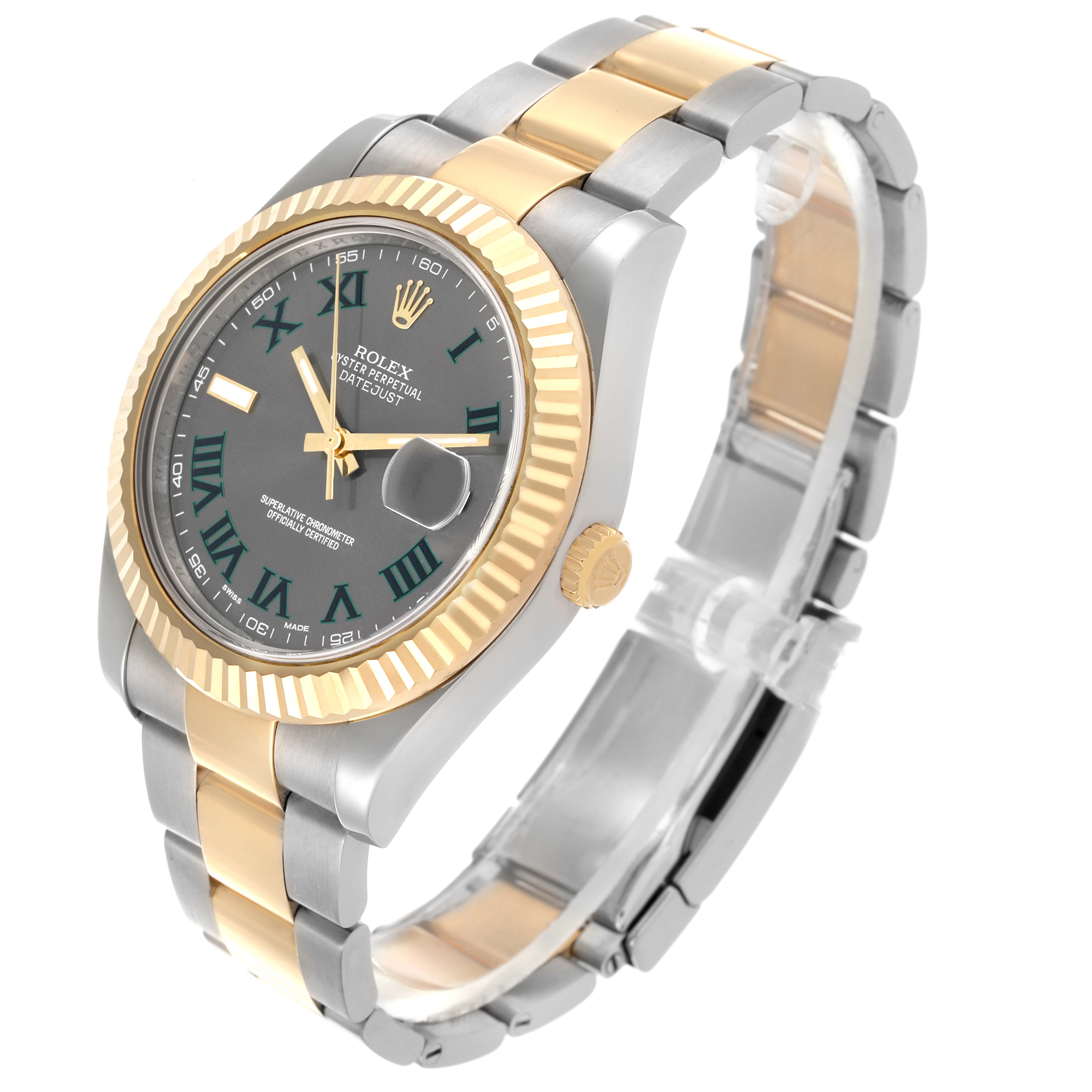 The Rolex Datejust 41 116333 Men's Steel and Gold (two tone) Grey Dial 116333 Men's Steel and Gold (two tone) Grey Dial is shown in a three-quarter view, highlighting the watch face, bezel, bracelet, and crown.