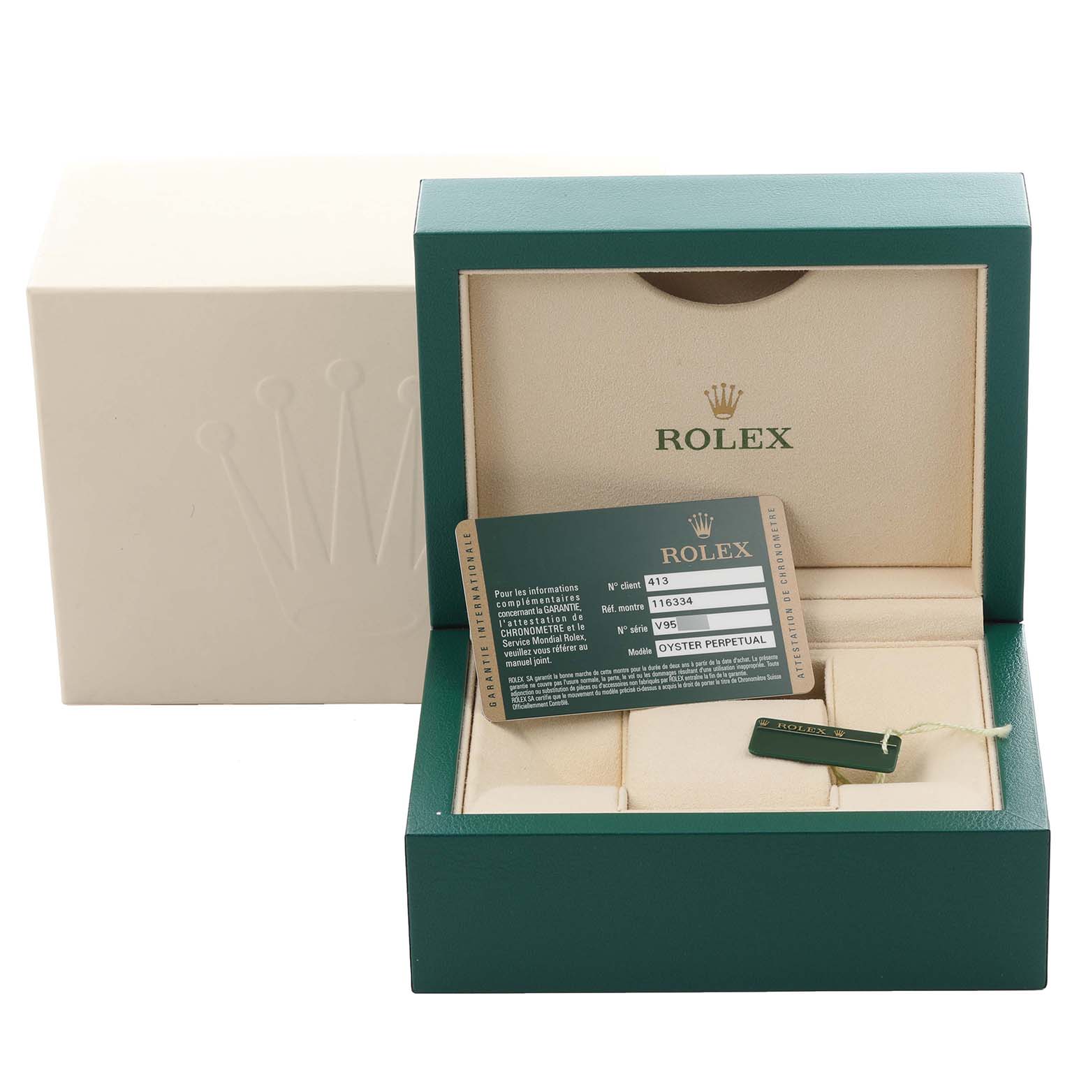 The image shows a Rolex Datejust 41 116334 Men's Stainless Steel White Dial 116334 Men's Stainless Steel White Dial box, card, and tag from a frontal angle.