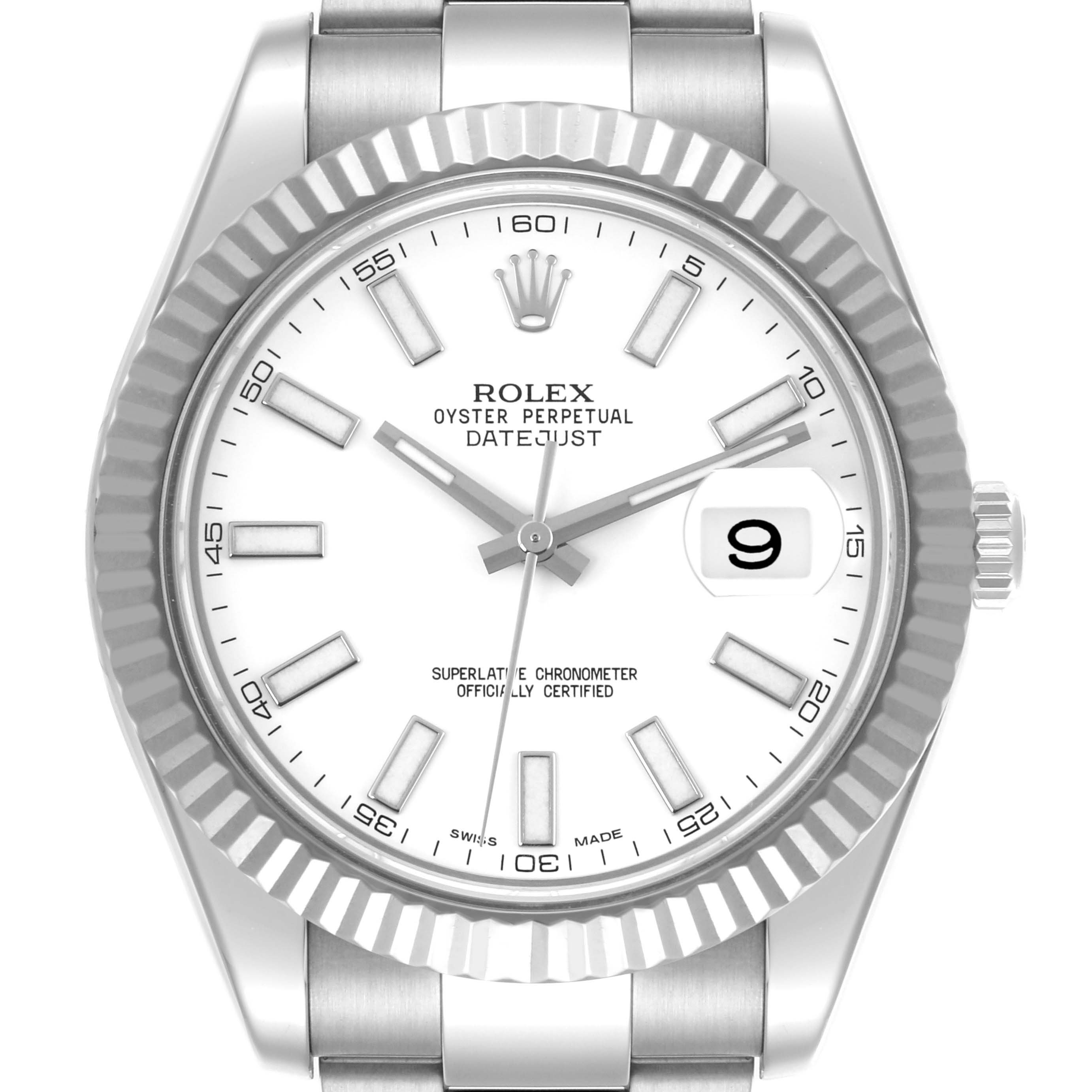 The Rolex Datejust 41 116334 Men's Stainless Steel White Dial 116334 Men's Stainless Steel White Dial is shown from a front angle, highlighting the dial, bezel, and part of the bracelet.