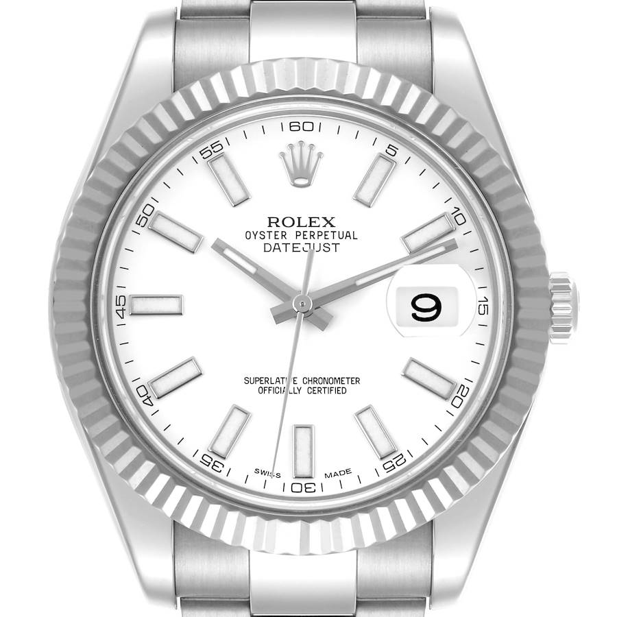 The Rolex Datejust 41 is shown from a front angle, highlighting the dial, bezel, and part of the bracelet.