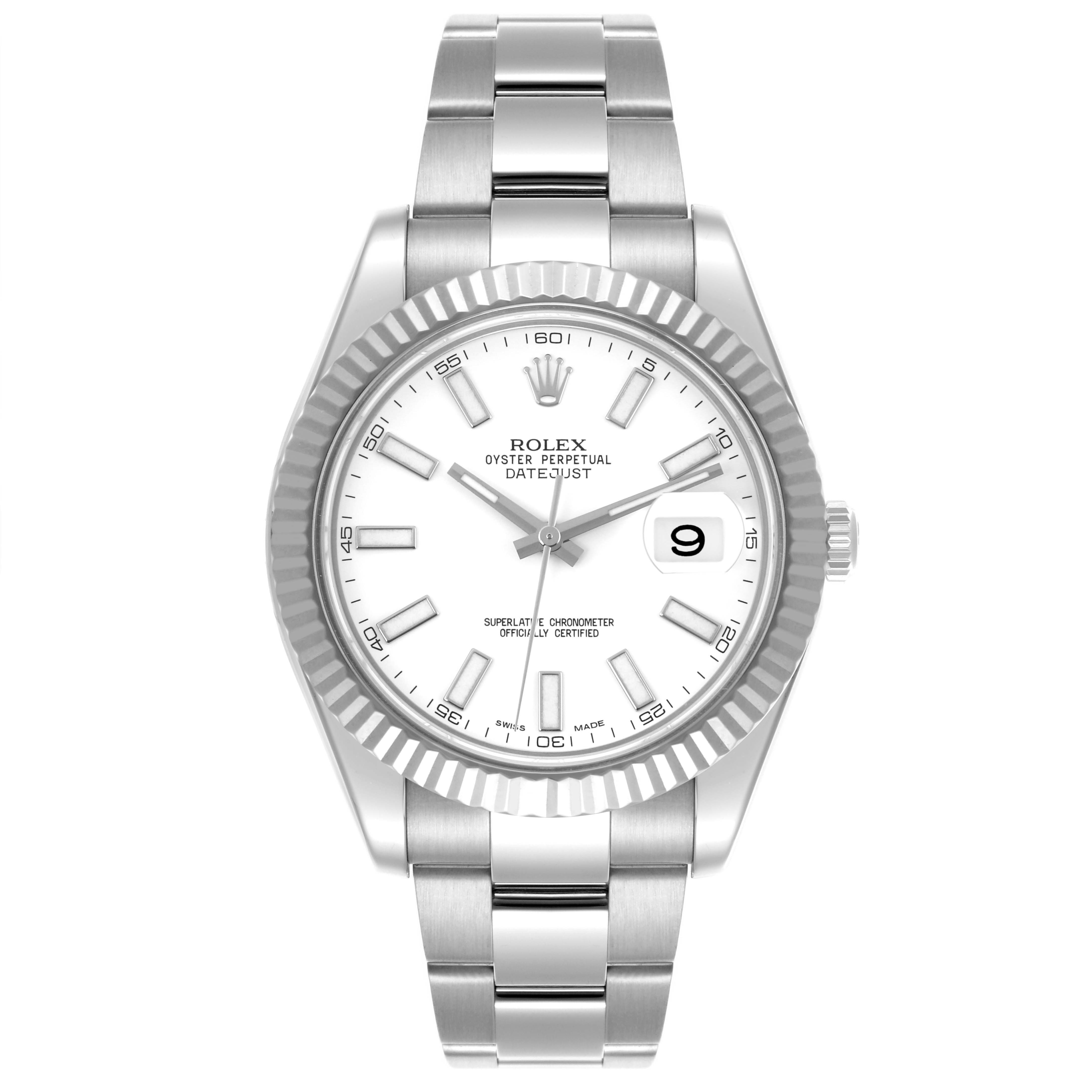 The Rolex Datejust 41 116334 Men's Stainless Steel White Dial 116334 Men's Stainless Steel White Dial watch is shown from the front, displaying the dial, bezel, case, bracelet, and cyclops lens.
