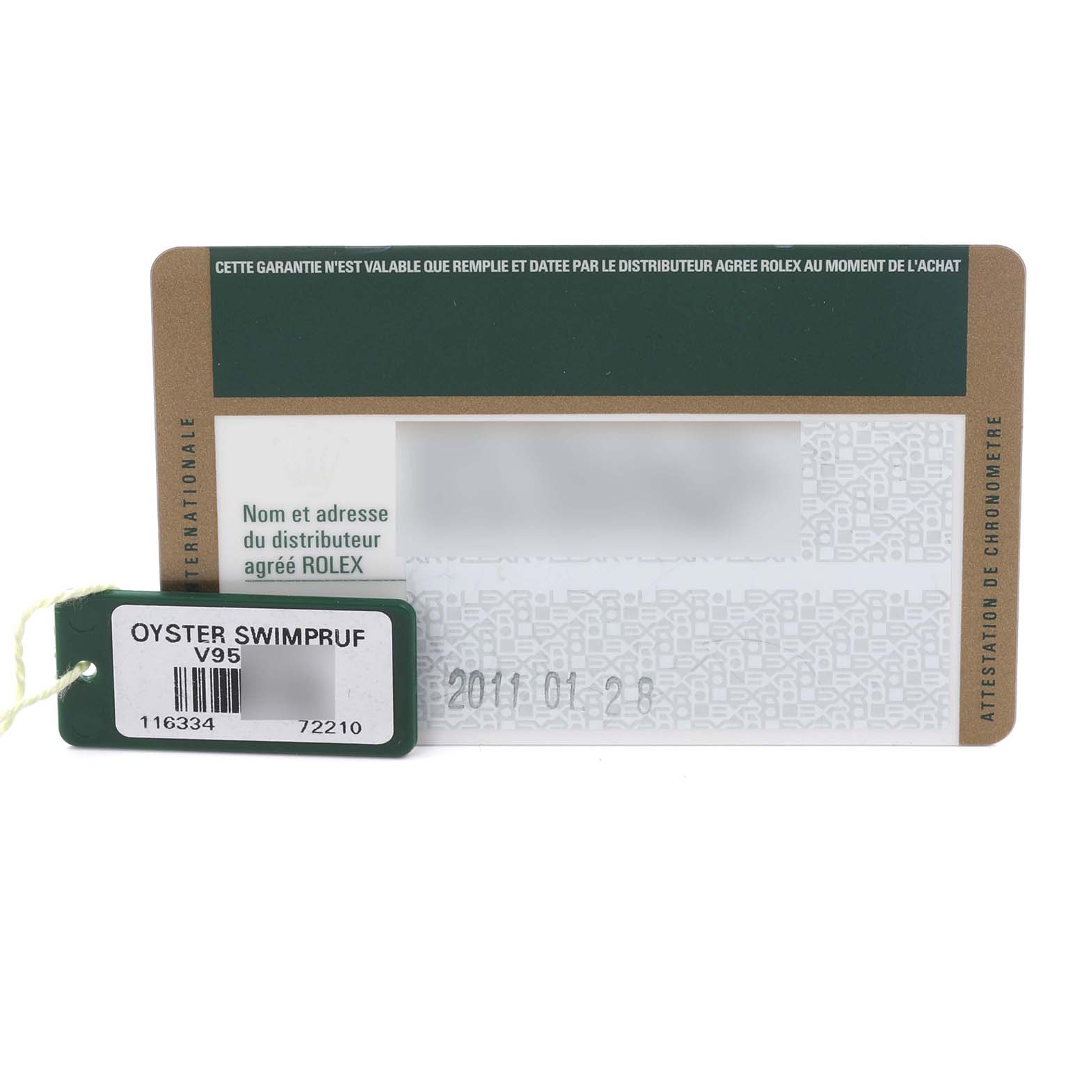 This image shows a Rolex Datejust 41 116334 Men's Stainless Steel White Dial 116334 Men's Stainless Steel White Dial warranty card and an Oyster Swimpruf tag.