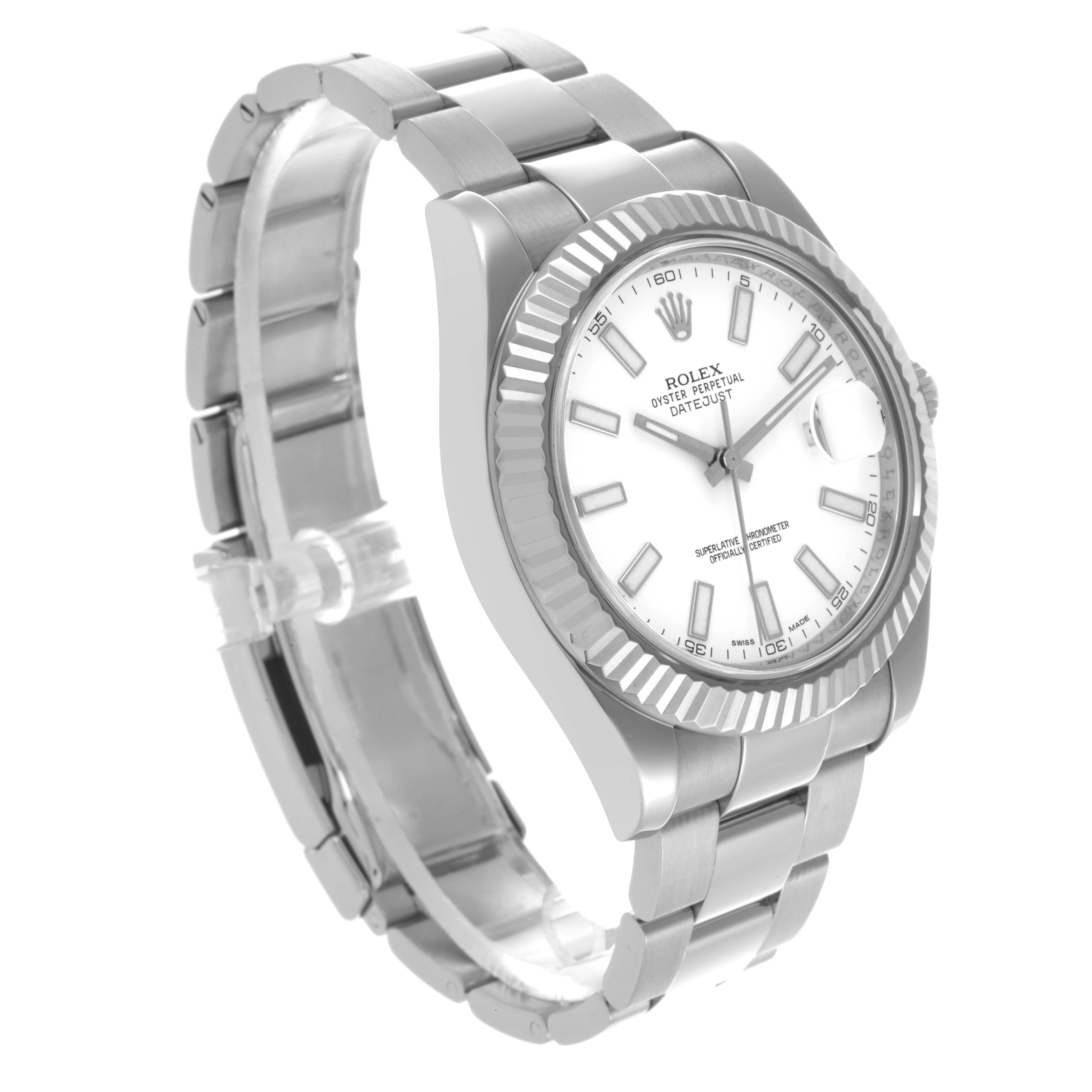 The Rolex Datejust 41 116334 Men's Stainless Steel White Dial 116334 Men's Stainless Steel White Dial watch is shown from an angled view, displaying the bracelet, case, bezel, and dial.