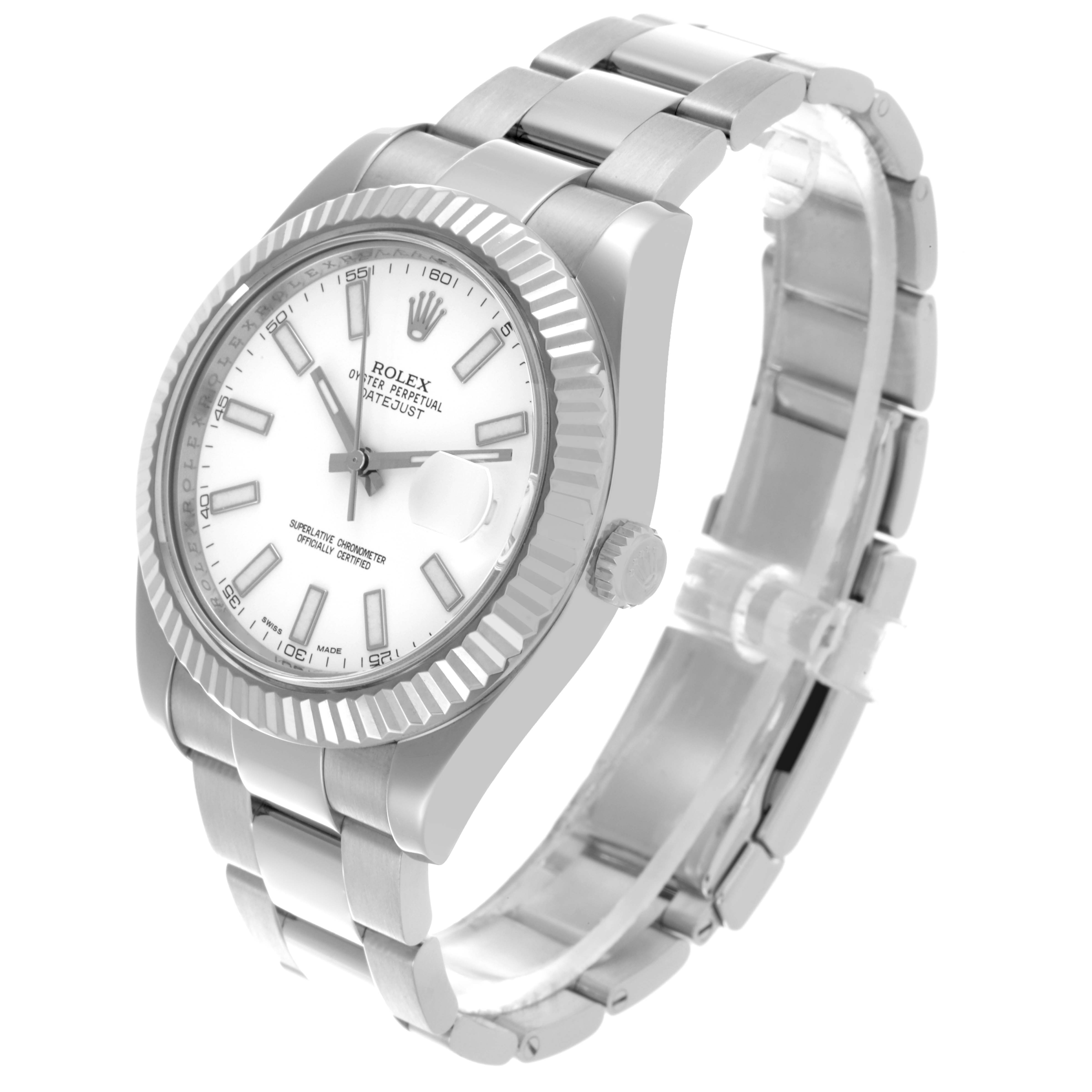 The Rolex Datejust 41 116334 Men's Stainless Steel White Dial 116334 Men's Stainless Steel White Dial is shown at a three-quarter angle, highlighting the dial, bezel, bracelet, and crown.