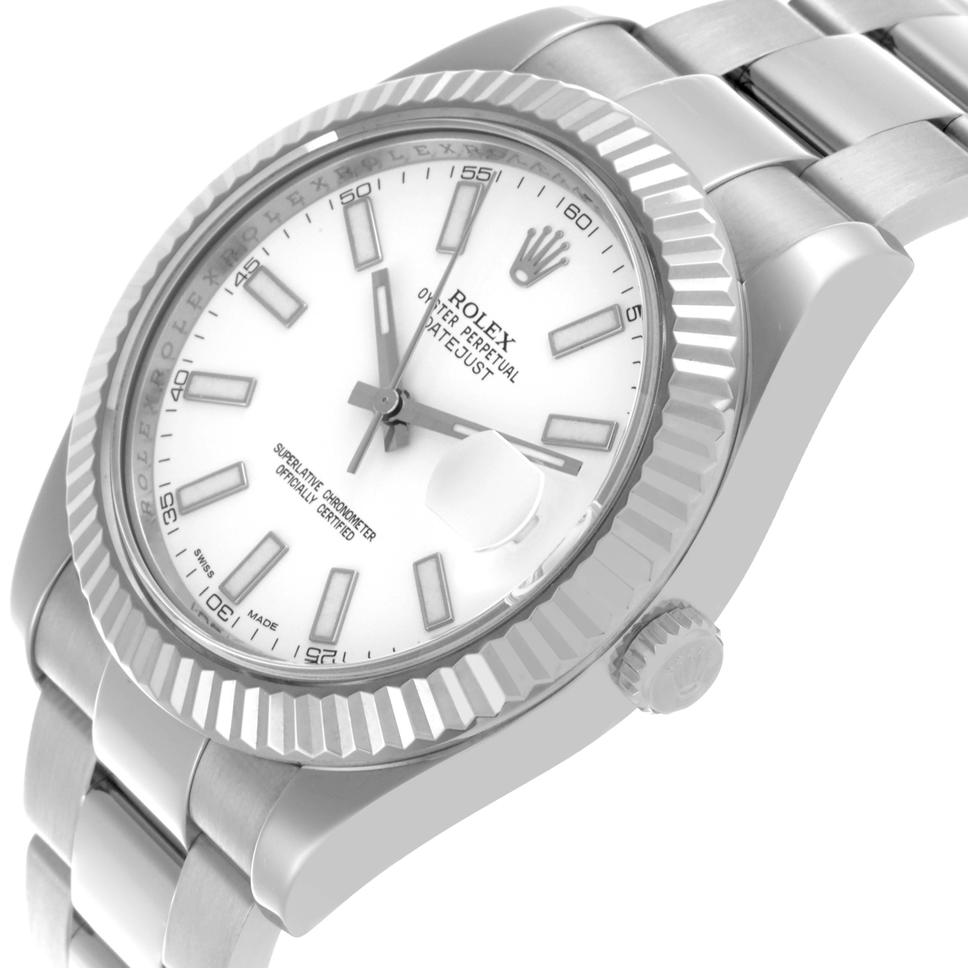 The image shows a Rolex Datejust 41 116334 Men's Stainless Steel White Dial 116334 Men's Stainless Steel White Dial at a tilted angle, highlighting the bezel, dial, crown, and bracelet.