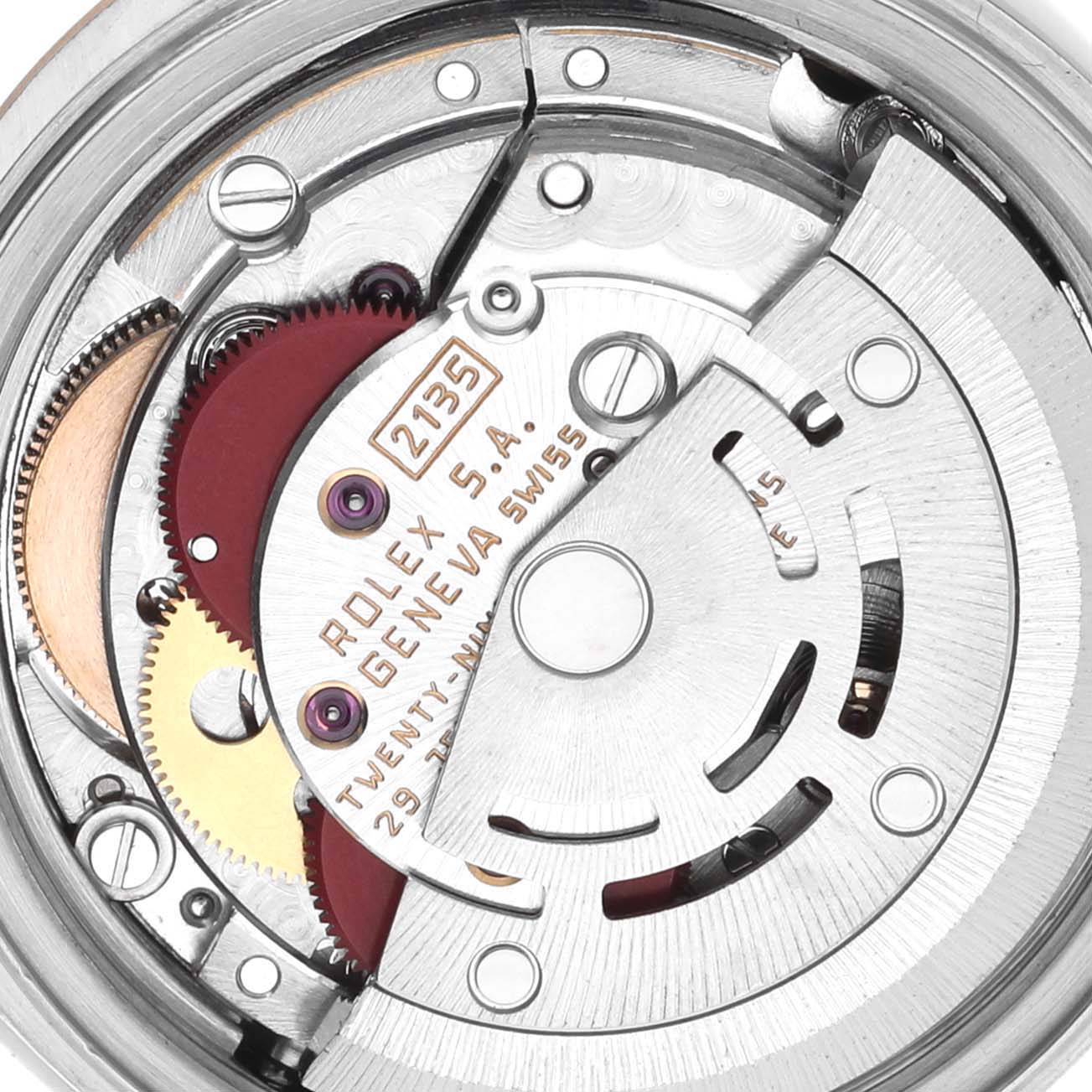 The image shows a close-up of the Rolex Datejust 69173 Women's Steel and Gold (two tone) Beige Dial 69173 Women's Steel and Gold (two tone) Beige Dial movement, highlighting gears and the rotor.