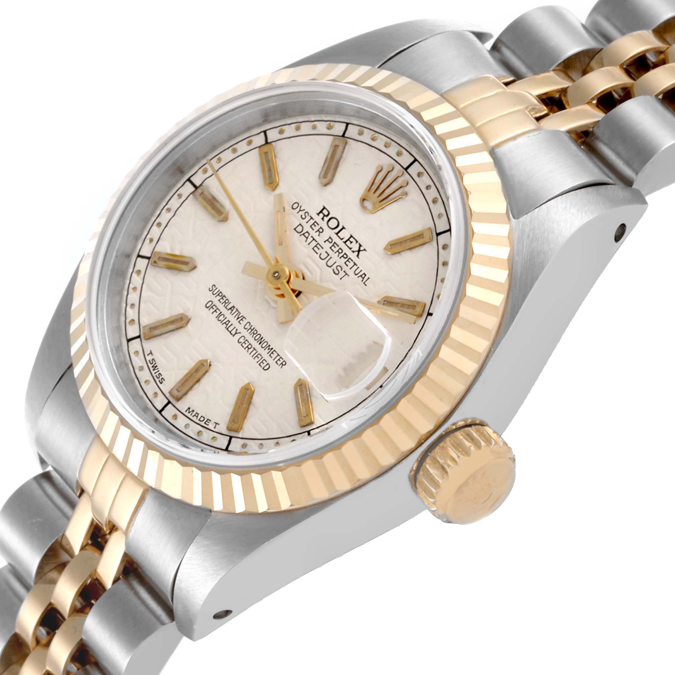 The Rolex Datejust 69173 Women's Steel and Gold (two tone) Beige Dial 69173 Women's Steel and Gold (two tone) Beige Dial watch is shown at a slight angle, displaying its face, bezel, crown, and part of the two-tone bracelet.