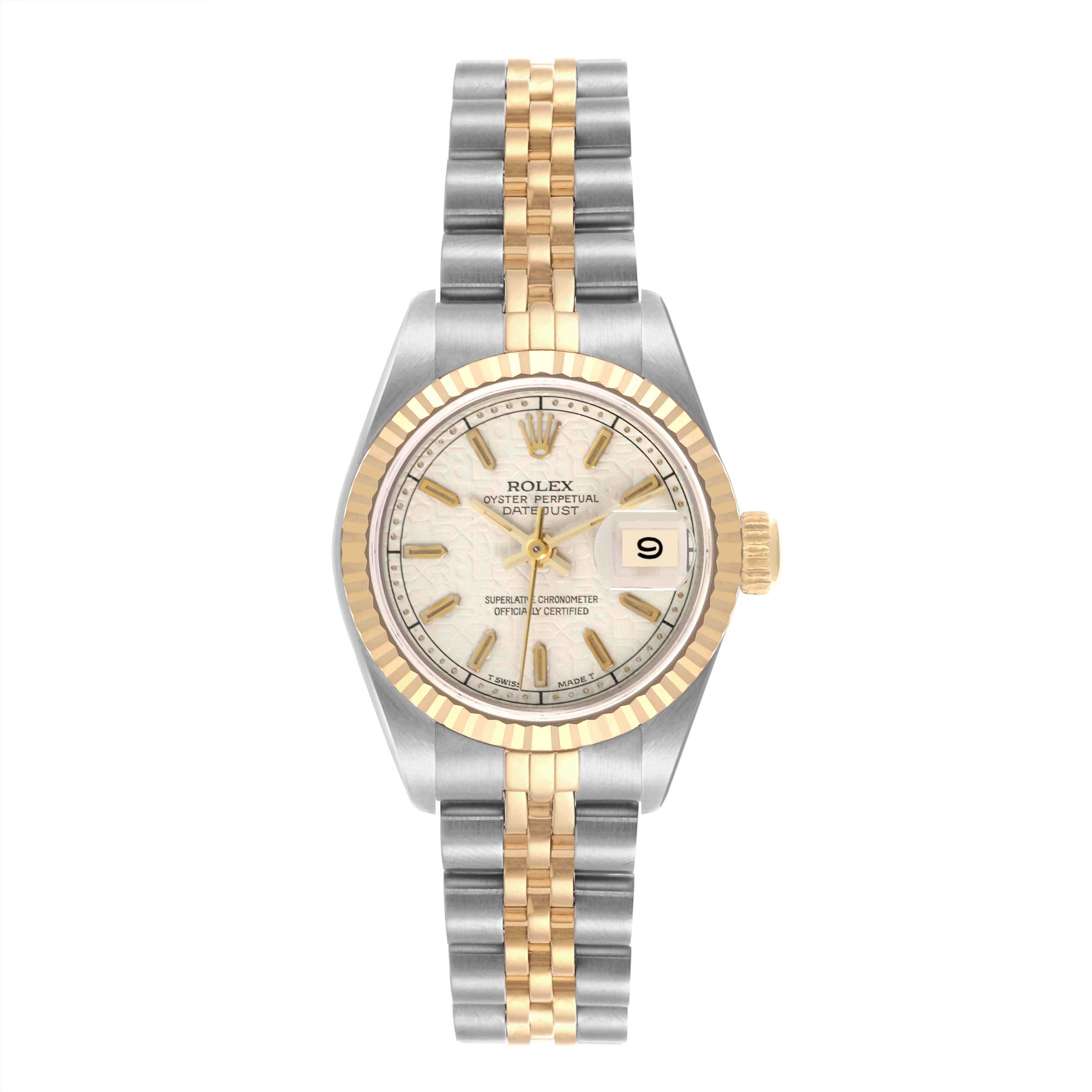 The Rolex Datejust 69173 Women's Steel and Gold (two tone) Beige Dial 69173 Women's Steel and Gold (two tone) Beige Dial watch is shown from a top-down angle, displaying the dial, bezel, bracelet, and crown.