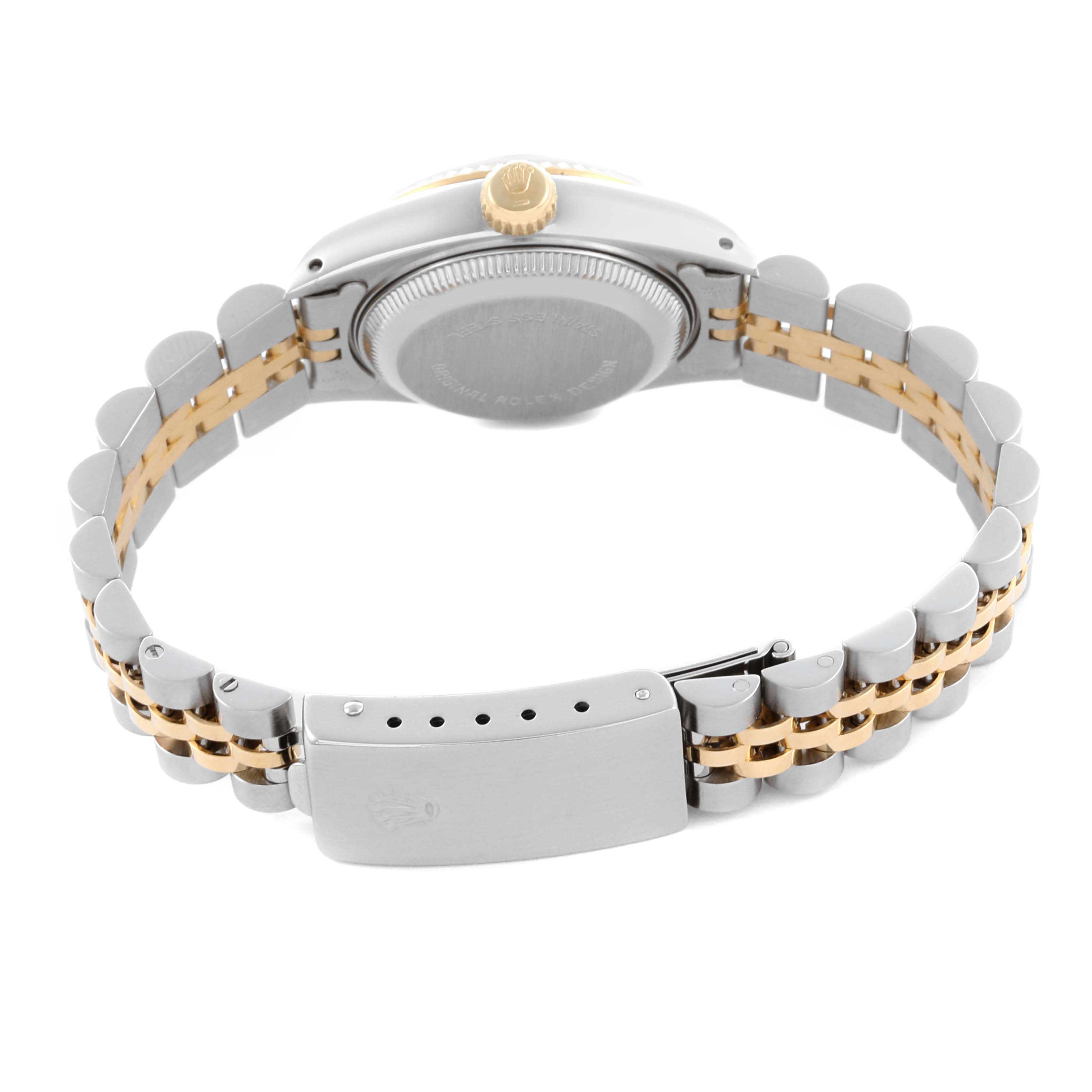 The image shows the back of a Rolex Datejust 69173 Women's Steel and Gold (two tone) Beige Dial 69173 Women's Steel and Gold (two tone) Beige Dial watch, featuring its bracelet, case back, and clasp.