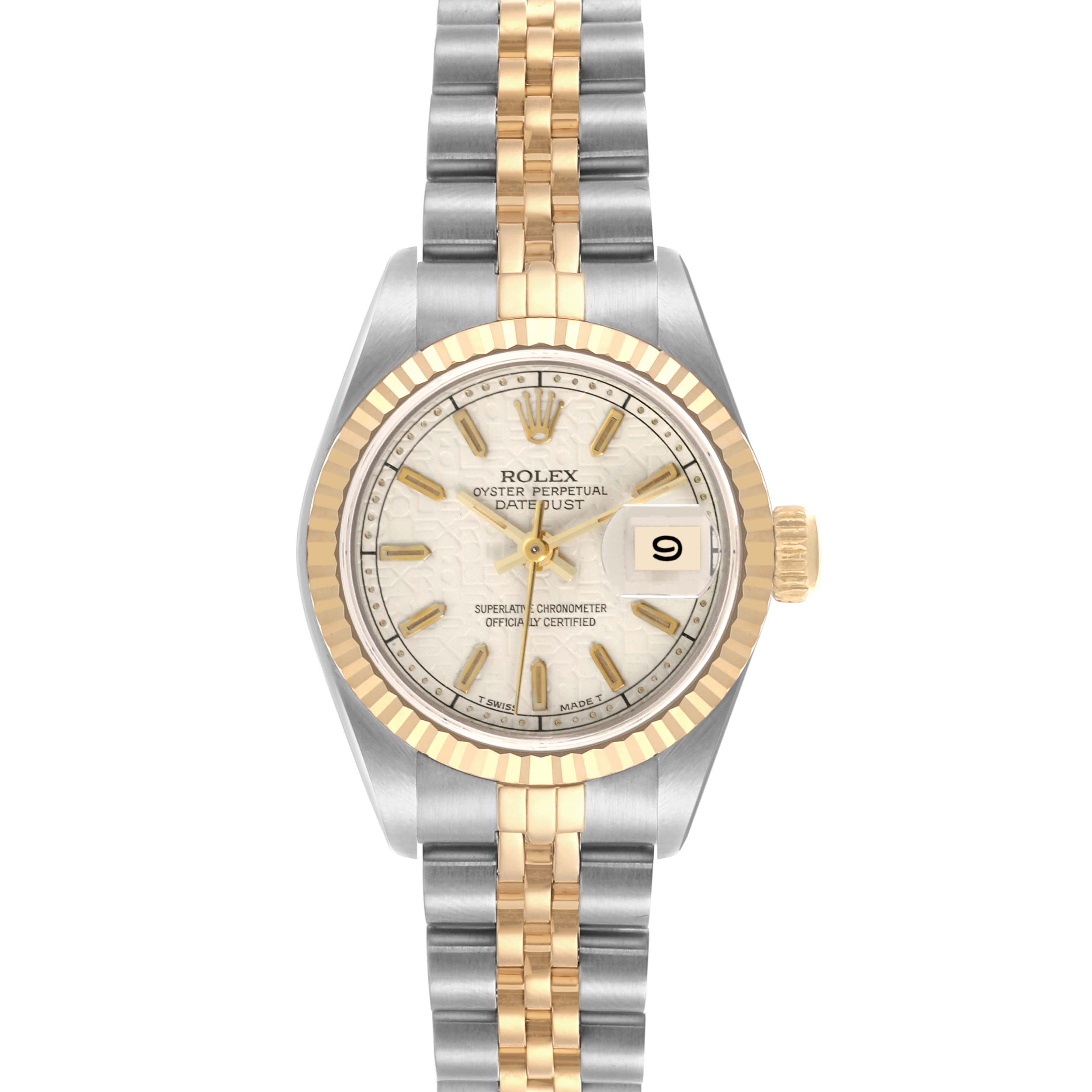The Rolex Datejust 69173 Women's Steel and Gold (two tone) Beige Dial 69173 Women's Steel and Gold (two tone) Beige Dial watch is shown from the front, featuring its dial, bezel, and bracelet.