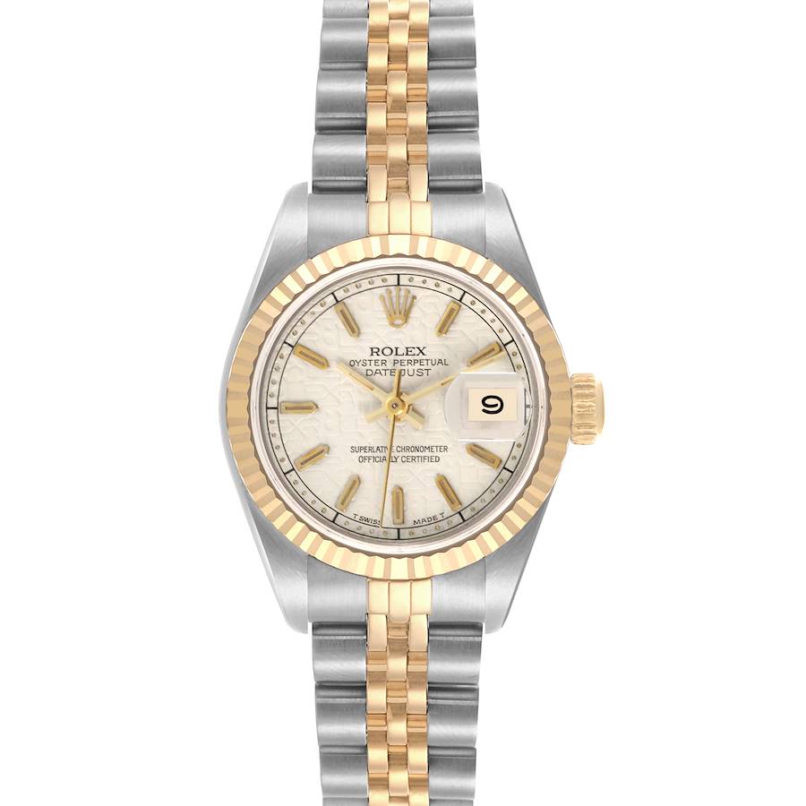 The Rolex Datejust watch is shown from the front, featuring its dial, bezel, and bracelet.