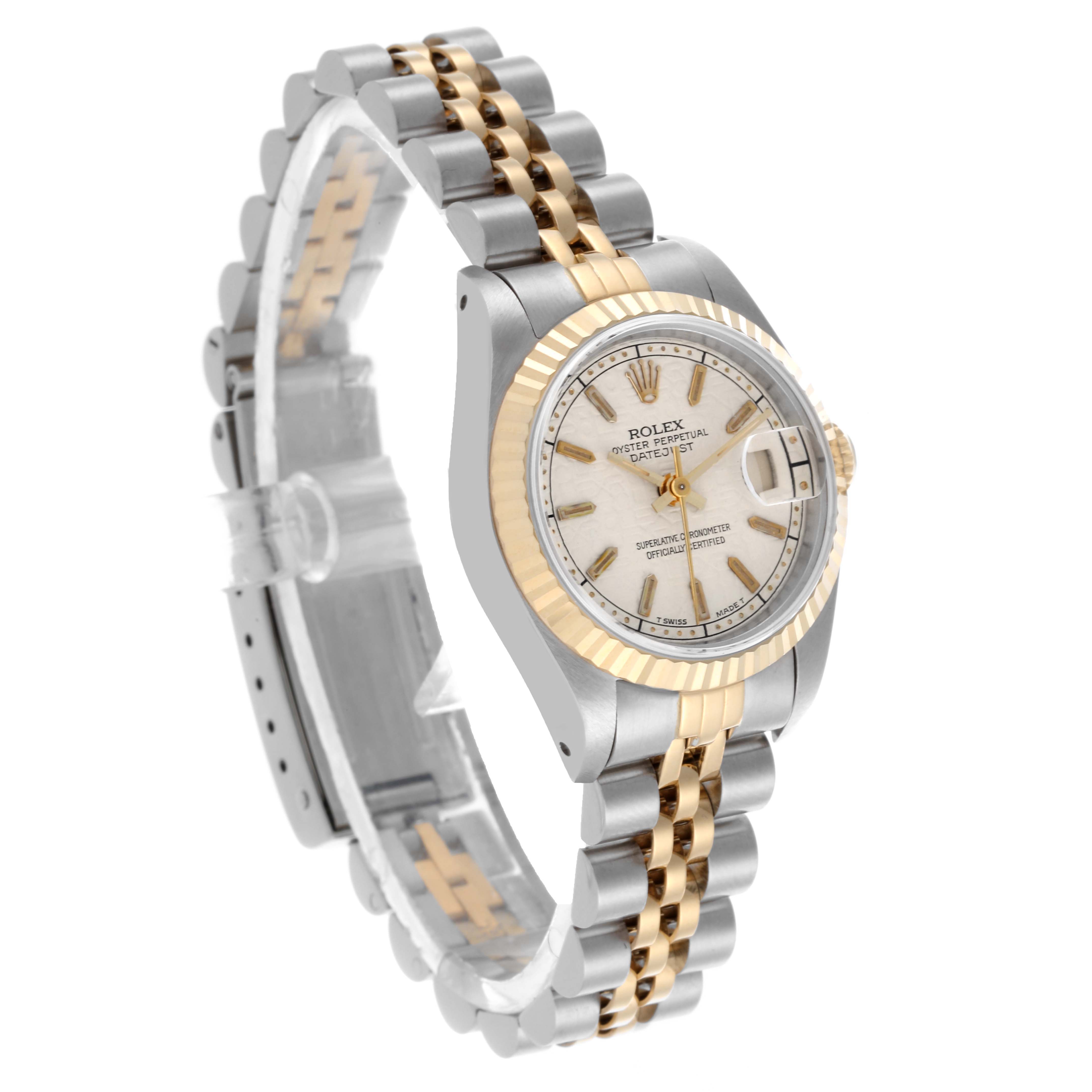 The Rolex Datejust 69173 Women's Steel and Gold (two tone) Beige Dial 69173 Women's Steel and Gold (two tone) Beige Dial is shown at a three-quarter angle highlighting the bezel, dial, and bracelet.