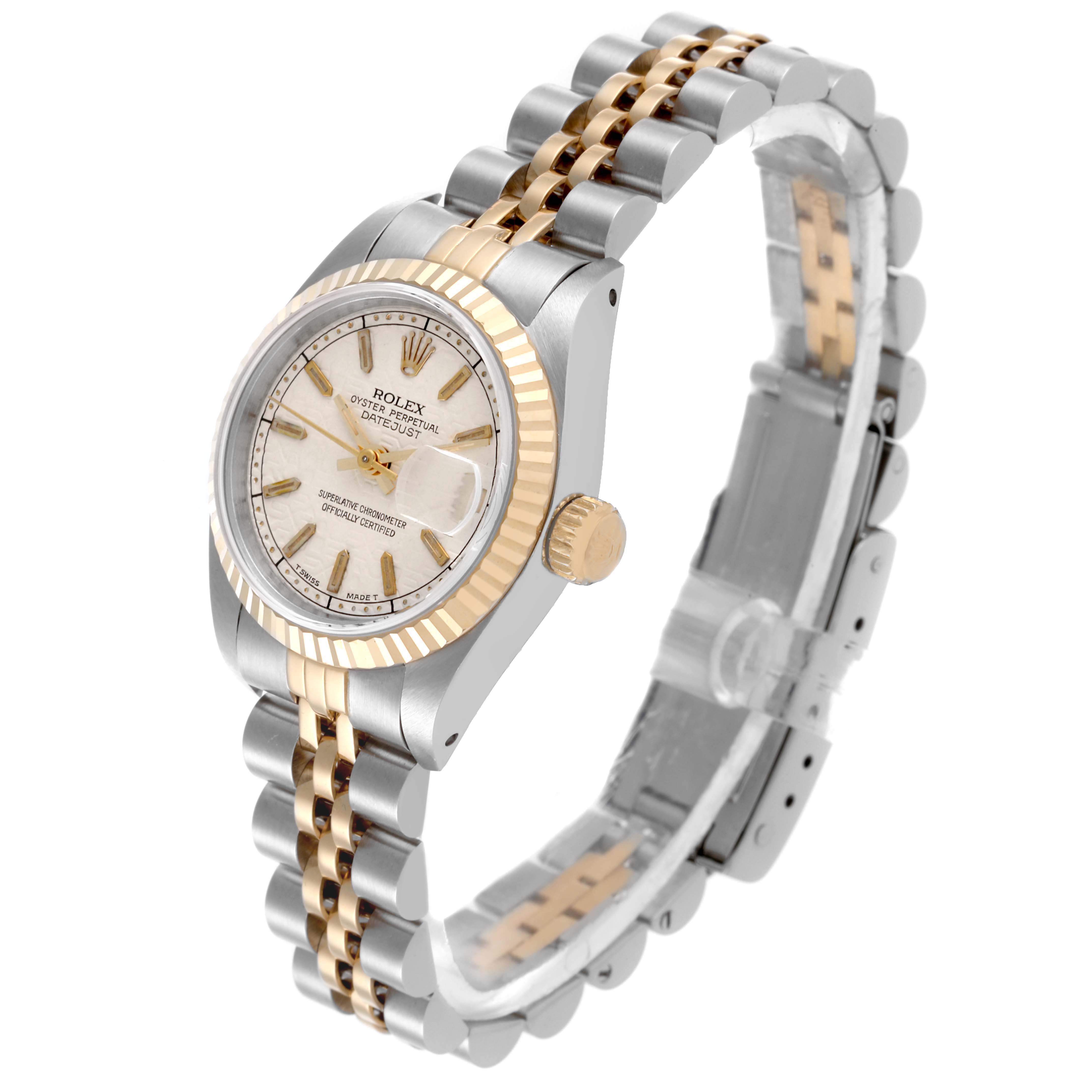 The Rolex Datejust 69173 Women's Steel and Gold (two tone) Beige Dial 69173 Women's Steel and Gold (two tone) Beige Dial watch is shown at a three-quarter angle highlighting the dial, bezel, and bracelet.