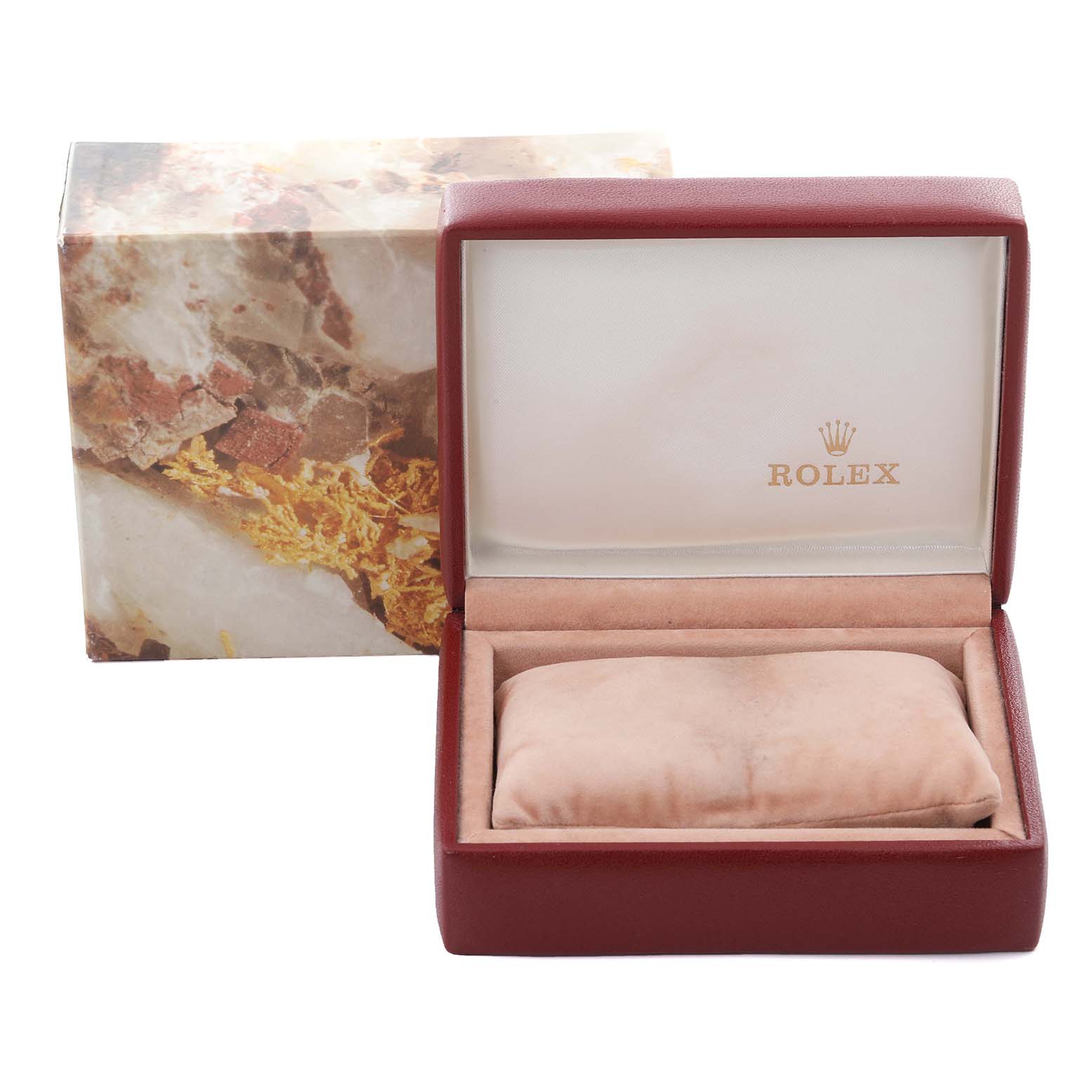 The image shows an open Rolex Datejust 69173 Women's Steel and Gold (two tone) Beige Dial 69173 Women's Steel and Gold (two tone) Beige Dial watch box and cushion, along with its decorative outer packaging.