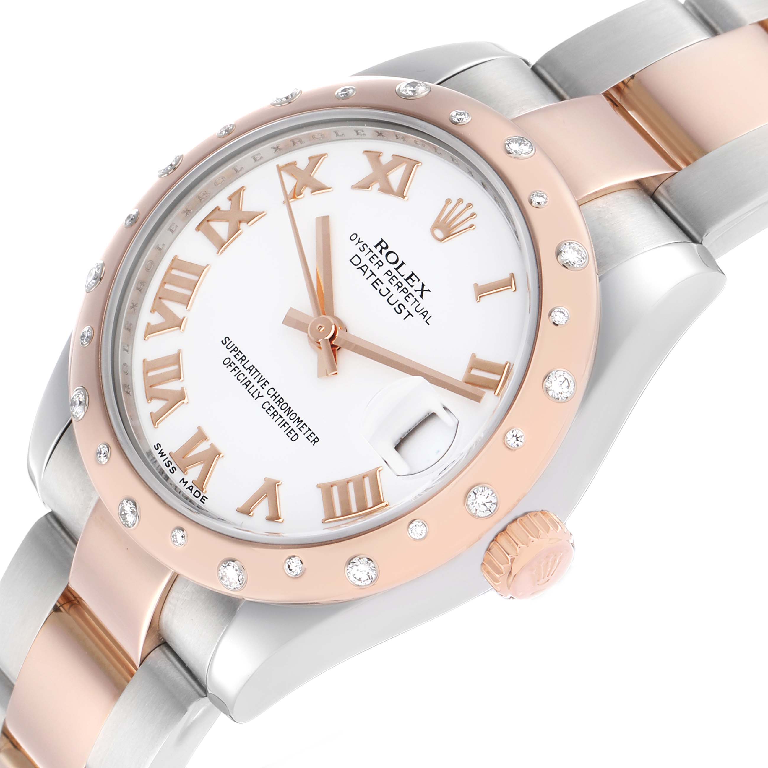 The image shows a Rolex Datejust Mid-Size watch at an angled view, highlighting its bezel, dial, crown, and bracelet.