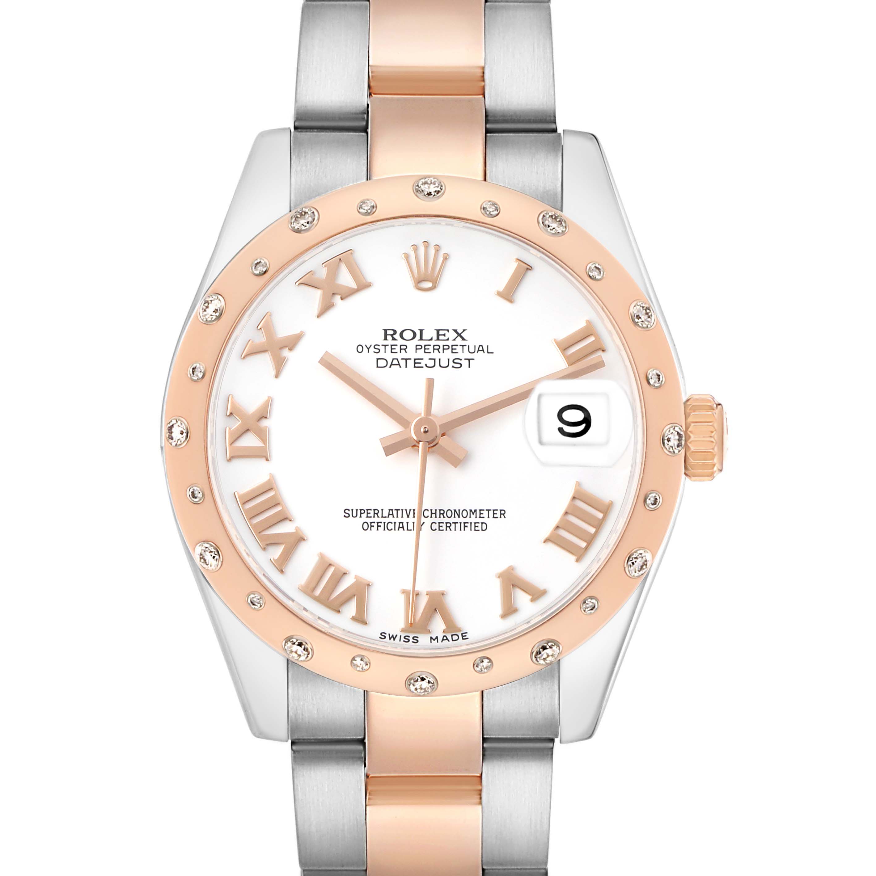 The Rolex Mid-Size 178341 Women's Steel and Gold (two tone) White Dial Datejust is shown from the front, highlighting the pink gold bezel, dial, Roman numerals, and metal bracelet.