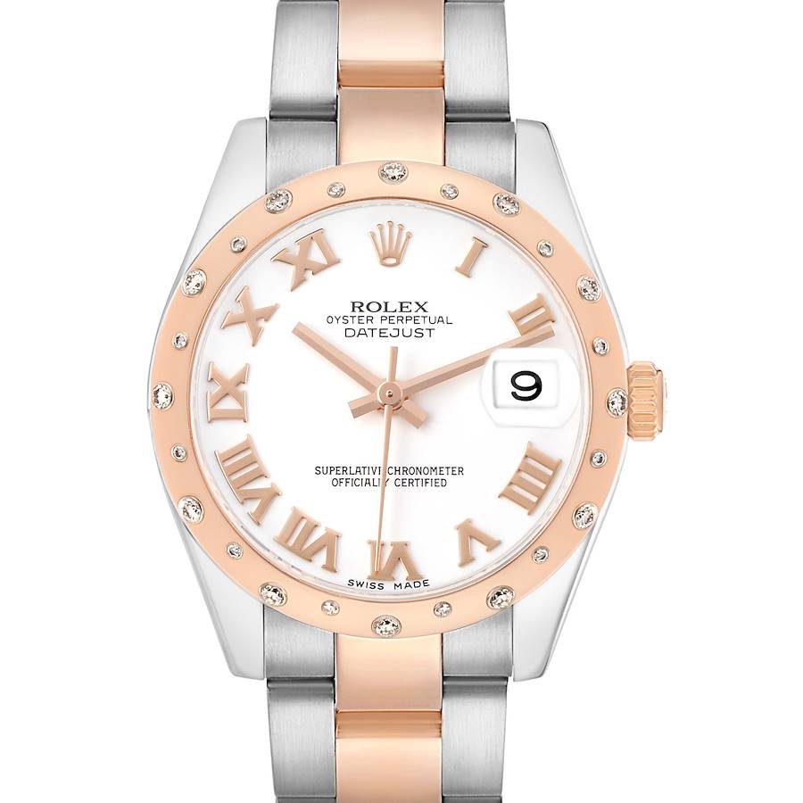 The Rolex Mid-Size 178341 Women's Steel and Gold (two tone) White Dial Datejust is shown from the front, highlighting the pink gold bezel, dial, Roman numerals, and metal bracelet.