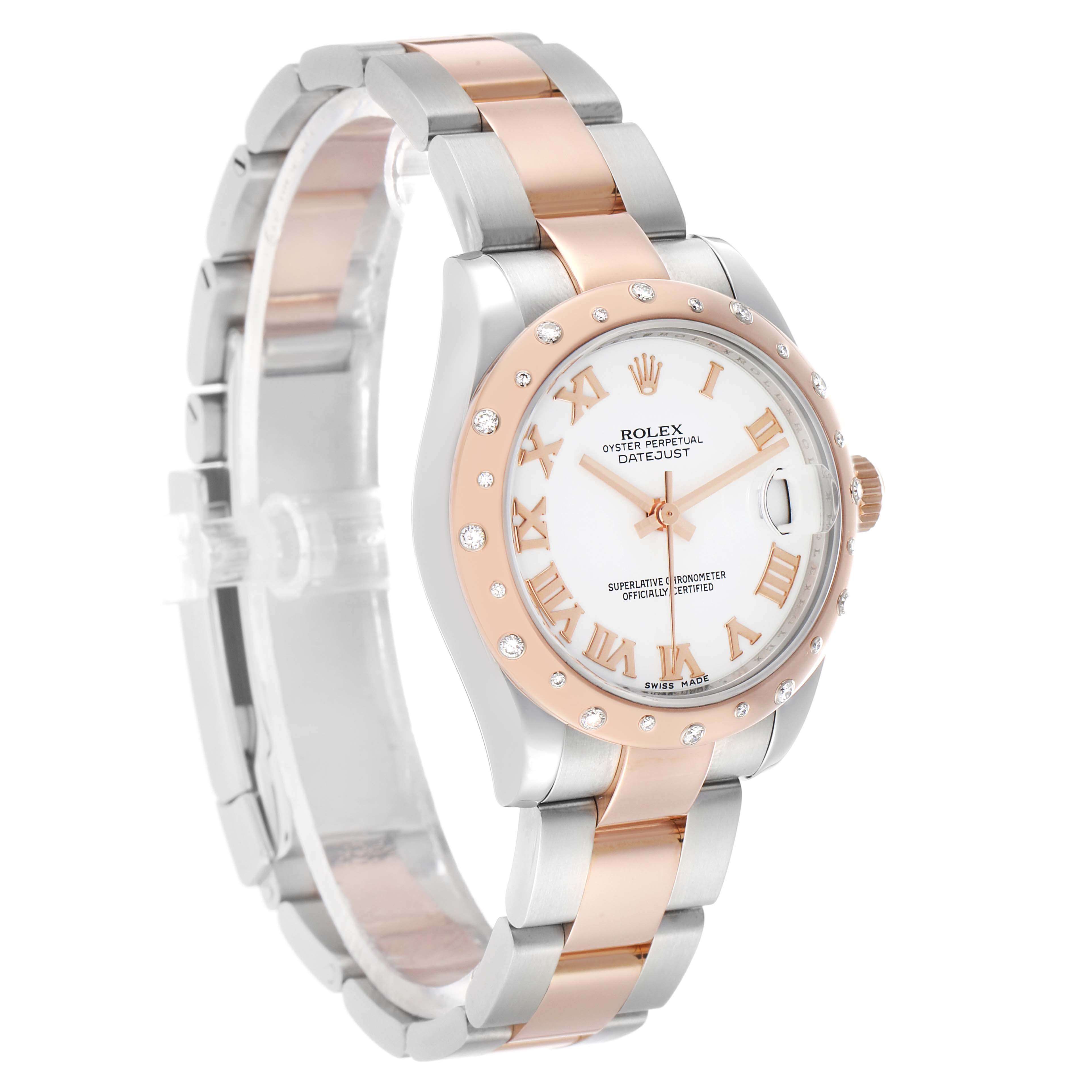 The Rolex Mid-Size 178341 Women's Steel and Gold (two tone) White Dial Datejust is shown in a three-quarter angle, highlighting its dial, bezel, and two-tone bracelet.