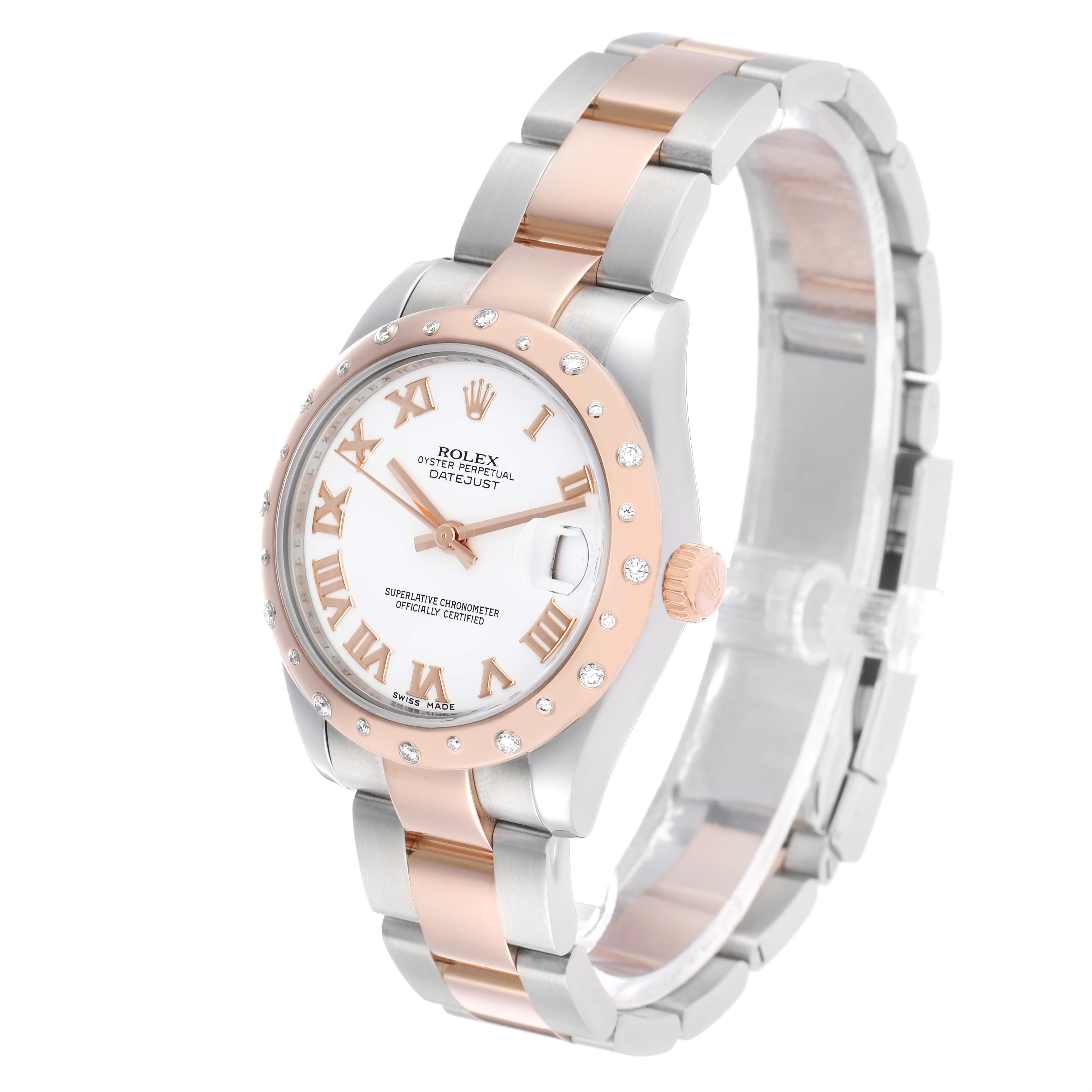 The image shows a Rolex Datejust mid-size watch at a three-quarter angle, highlighting the dial, bezel, and bracelet.