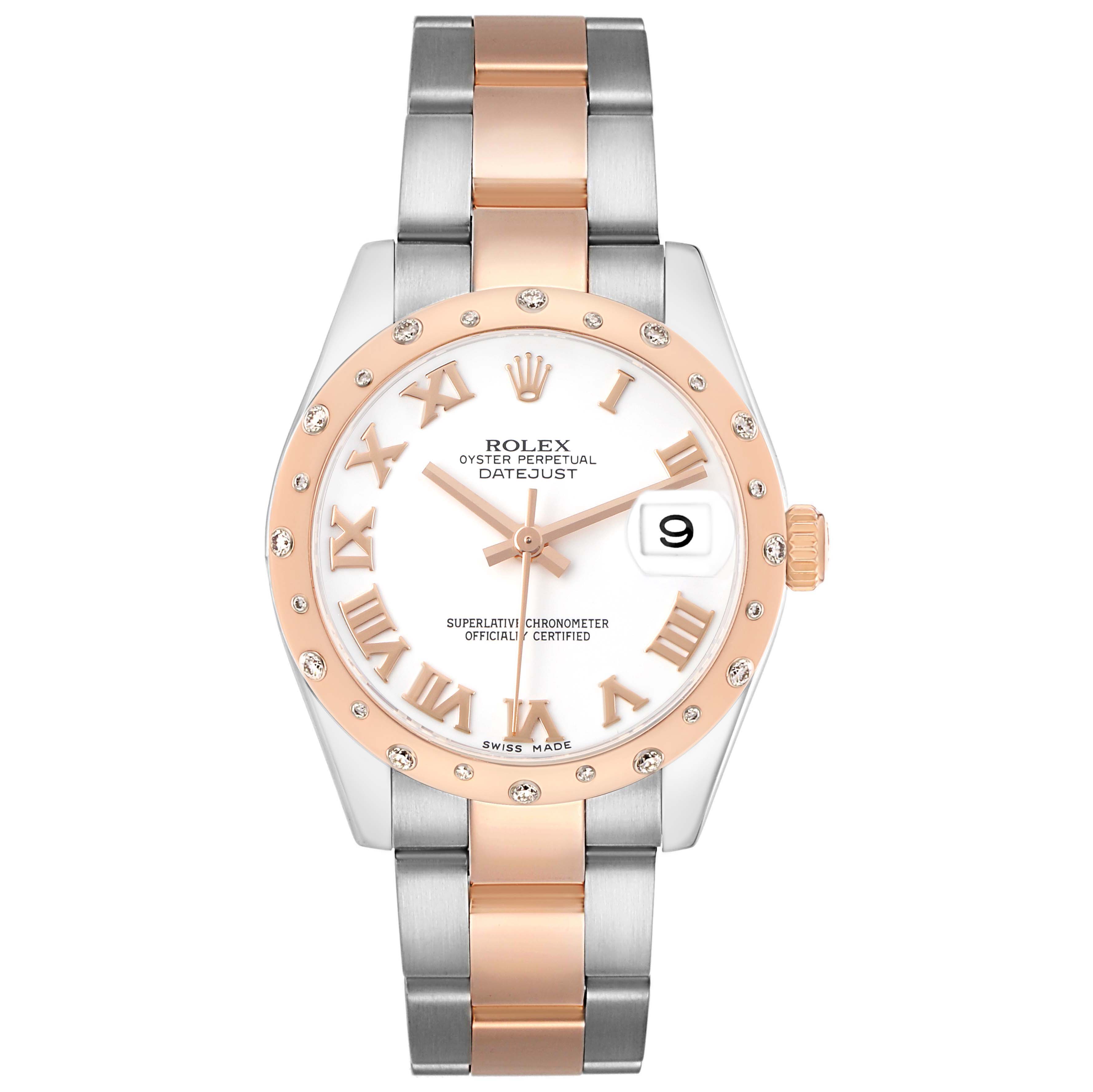 The Rolex Datejust Mid-Size watch is shown from the front, highlighting the two-tone band, bezel, and dial with Roman numerals.