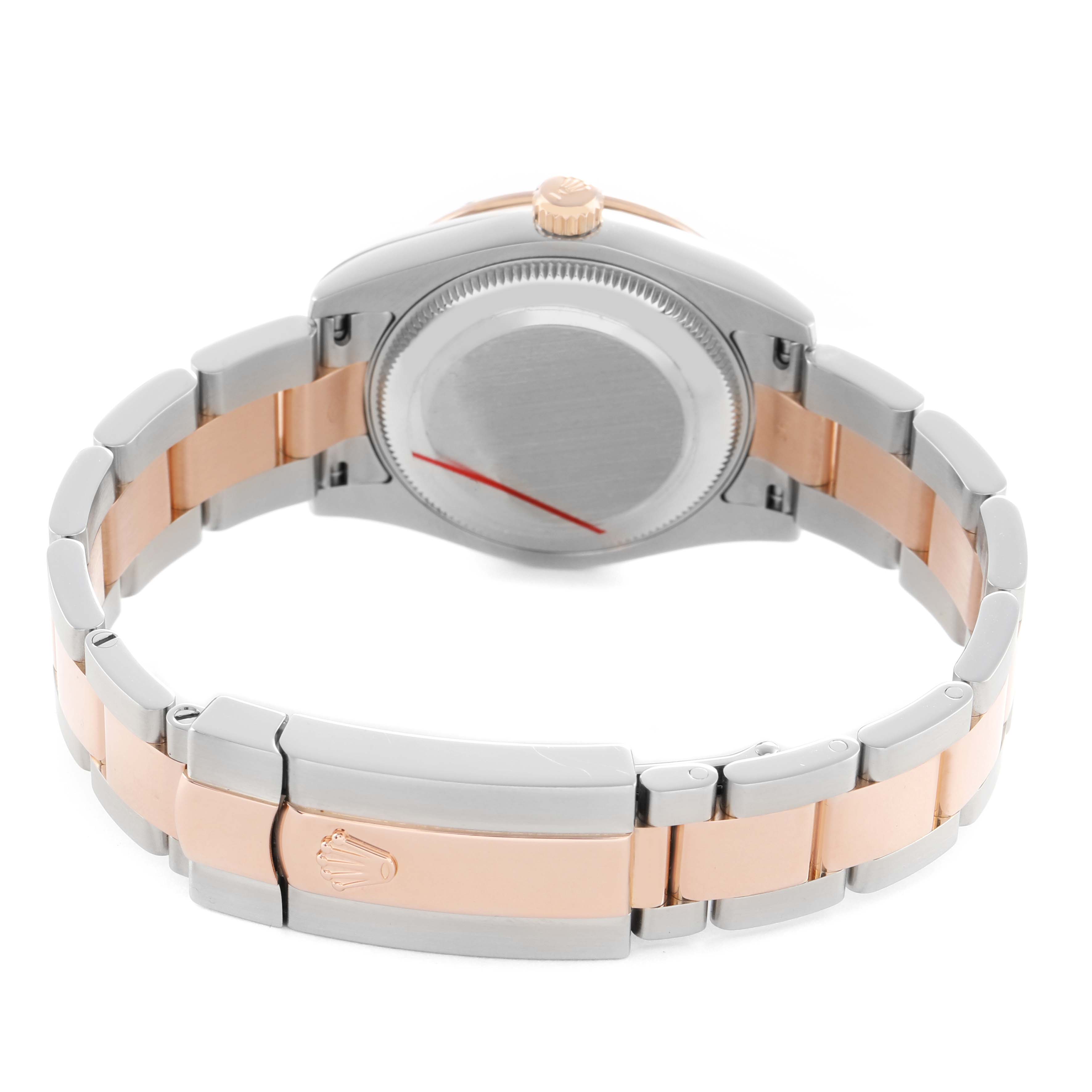 The Rolex Mid-Size 178341 Women's Steel and Gold (two tone) White Dial watch is shown from the back, highlighting the case, crown, and two-tone bracelet with the clasp visible.